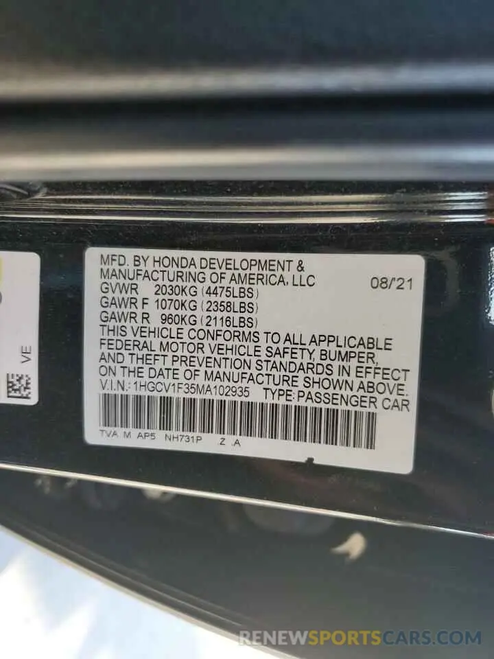 12 Photograph of a damaged car 1HGCV1F35MA102935 HONDA ACCORD 2021