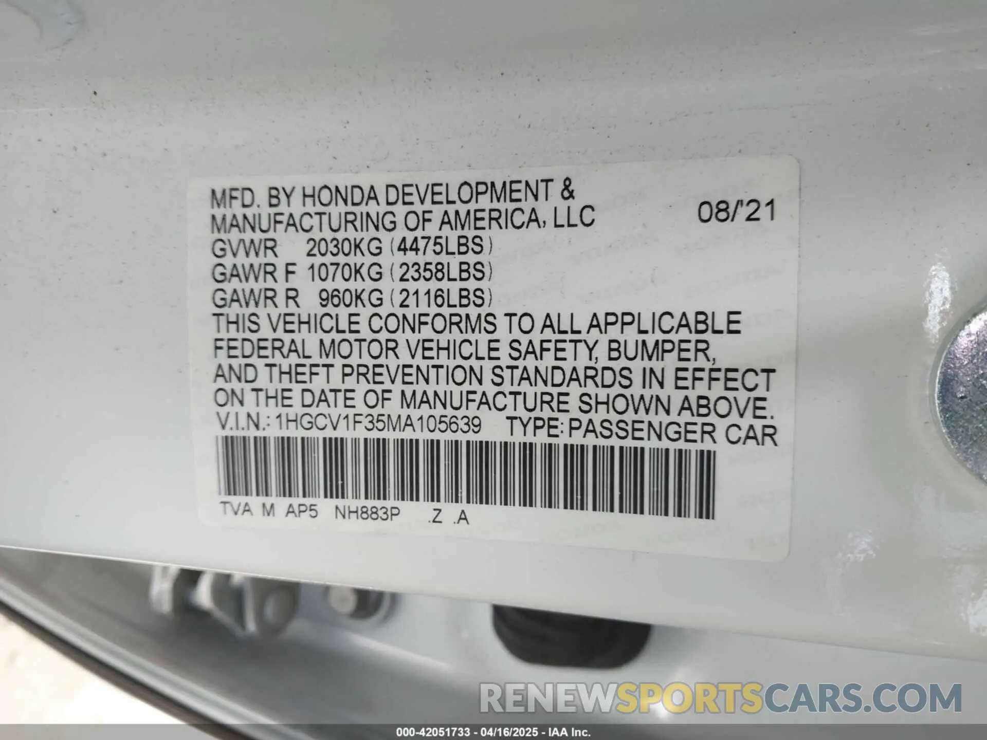 9 Photograph of a damaged car 1HGCV1F35MA105639 HONDA ACCORD 2021