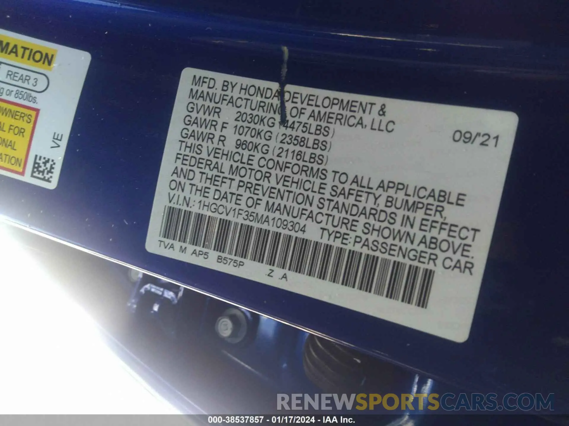 9 Photograph of a damaged car 1HGCV1F35MA109304 HONDA ACCORD 2021