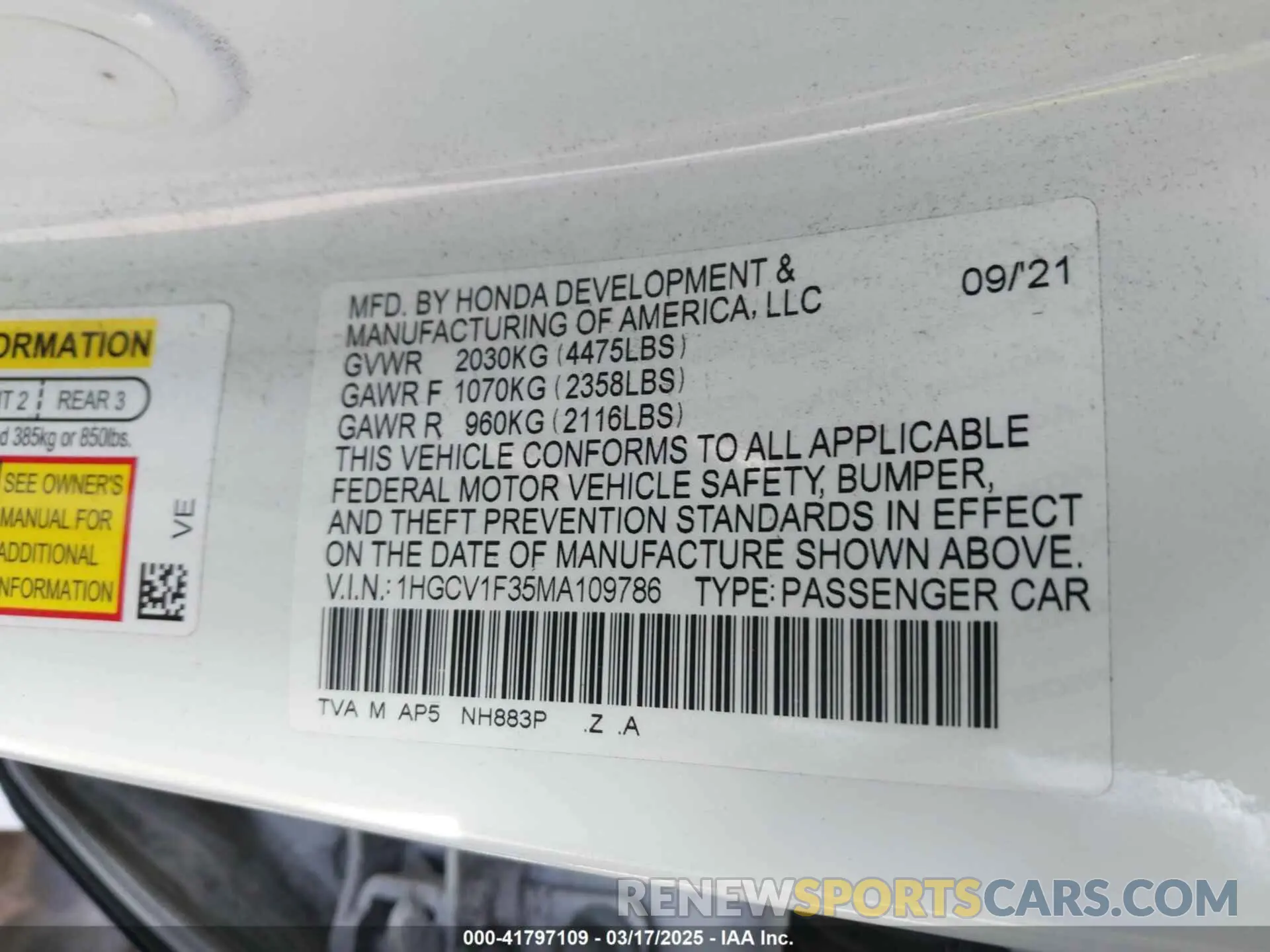 9 Photograph of a damaged car 1HGCV1F35MA109786 HONDA ACCORD 2021
