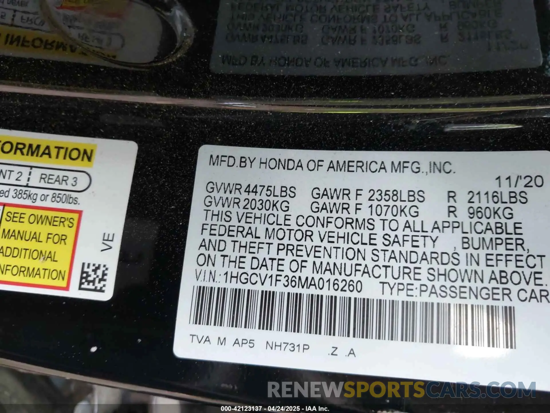 9 Photograph of a damaged car 1HGCV1F36MA016260 HONDA ACCORD 2021