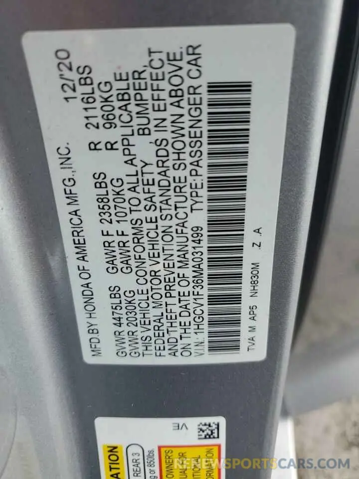 13 Photograph of a damaged car 1HGCV1F36MA031499 HONDA ACCORD 2021