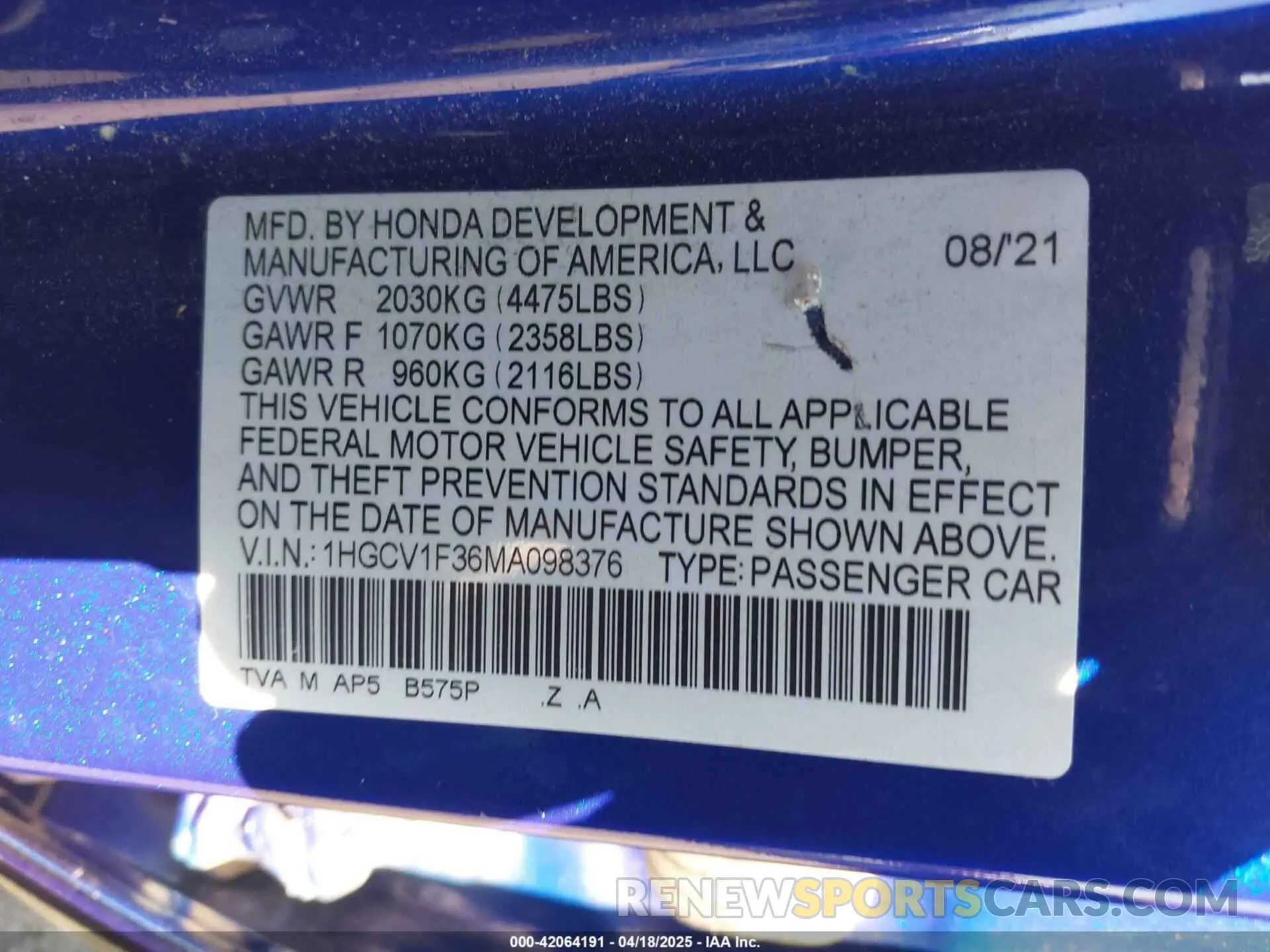 9 Photograph of a damaged car 1HGCV1F36MA098376 HONDA ACCORD 2021