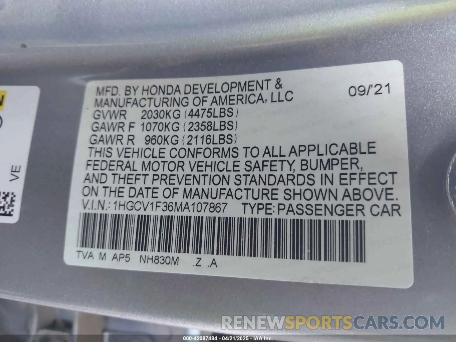 9 Photograph of a damaged car 1HGCV1F36MA107867 HONDA ACCORD 2021