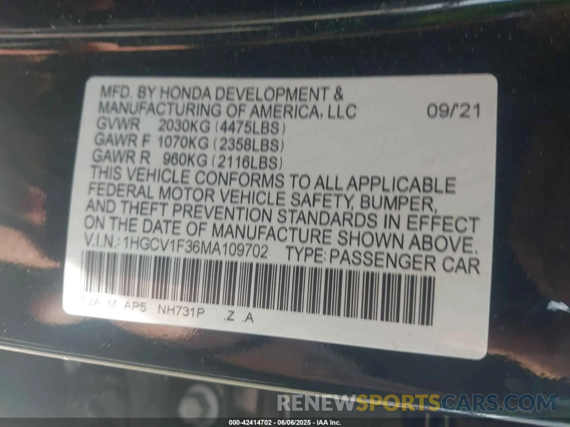 9 Photograph of a damaged car 1HGCV1F36MA109702 HONDA ACCORD 2021