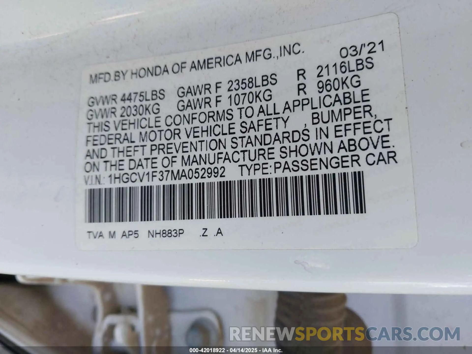 9 Photograph of a damaged car 1HGCV1F37MA052992 HONDA ACCORD 2021