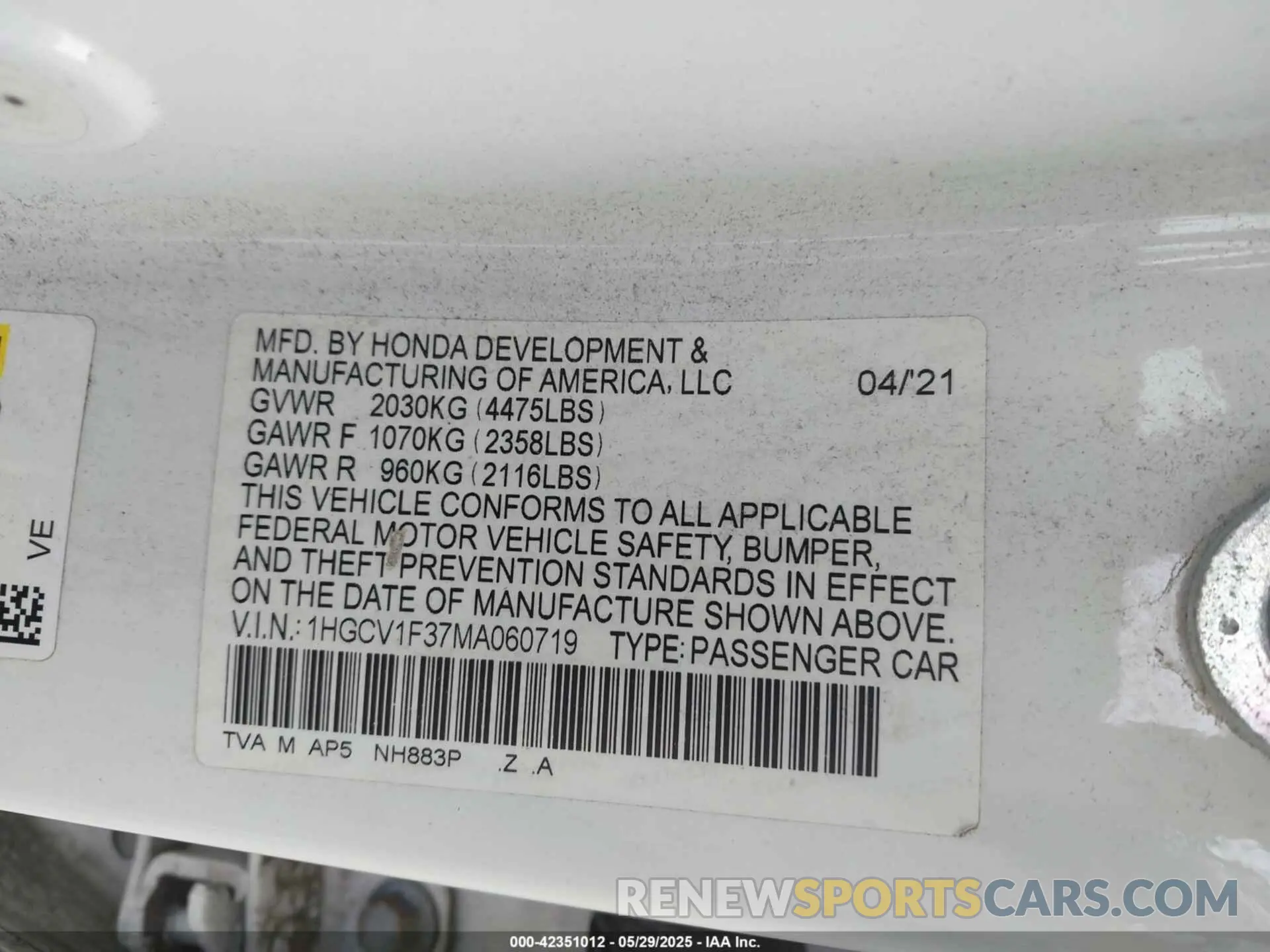 9 Photograph of a damaged car 1HGCV1F37MA060719 HONDA ACCORD 2021