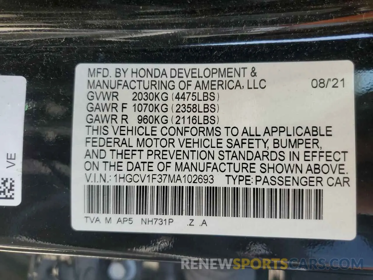 12 Photograph of a damaged car 1HGCV1F37MA102693 HONDA ACCORD 2021