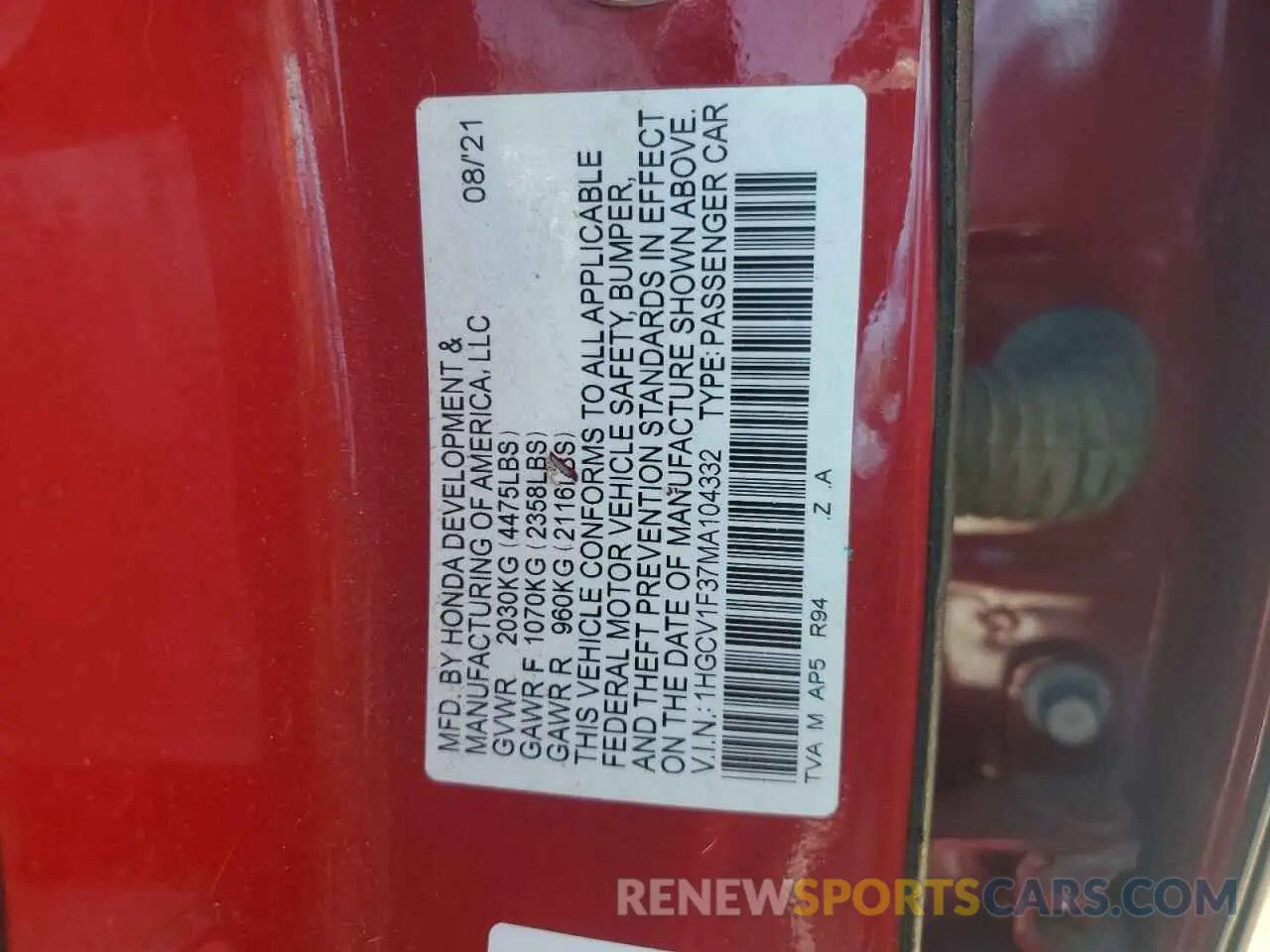 12 Photograph of a damaged car 1HGCV1F37MA104332 HONDA ACCORD 2021