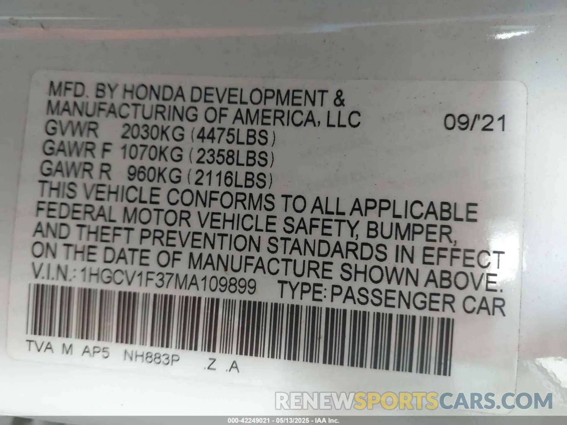 9 Photograph of a damaged car 1HGCV1F37MA109899 HONDA ACCORD 2021