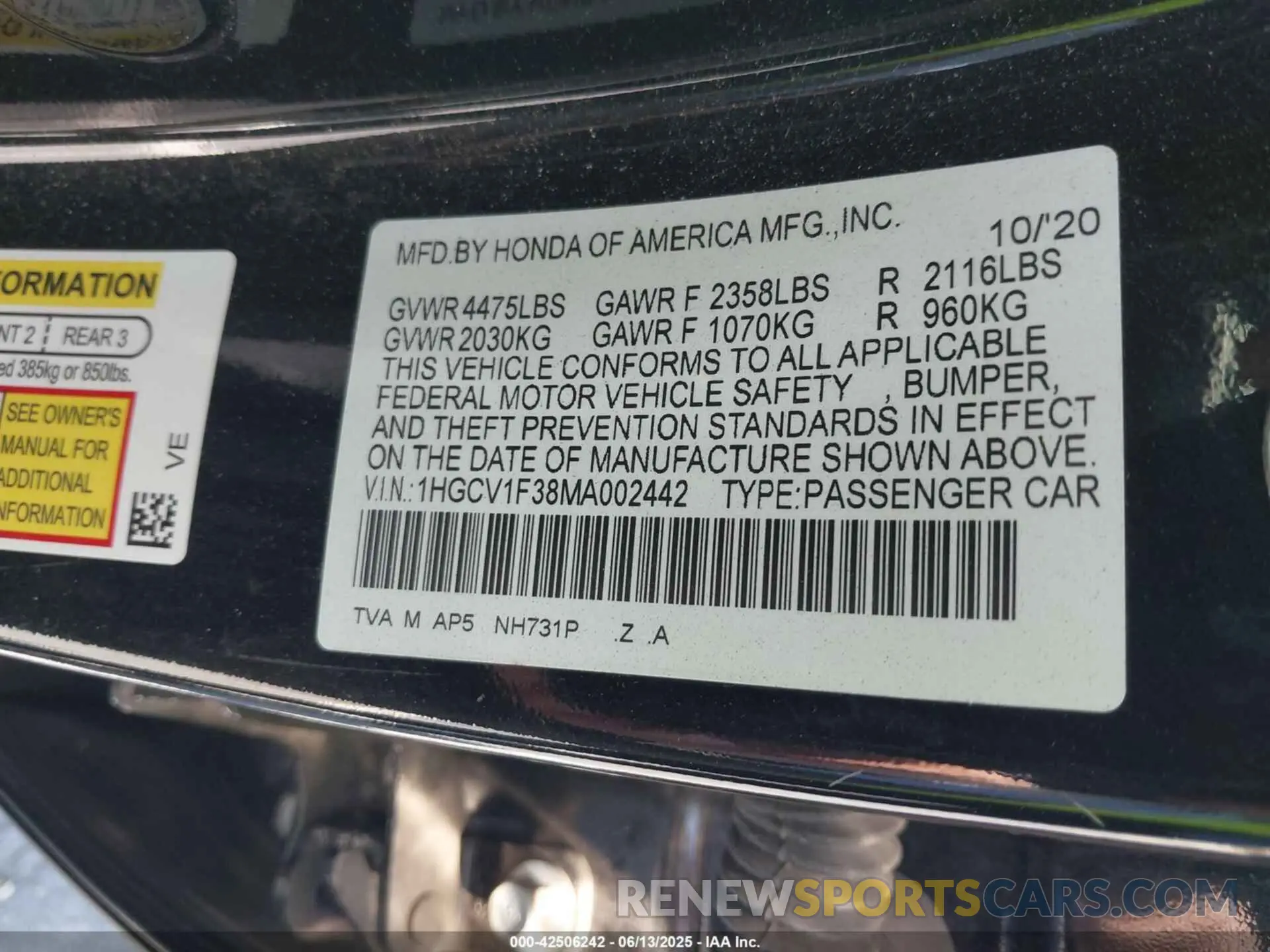 9 Photograph of a damaged car 1HGCV1F38MA002442 HONDA ACCORD 2021