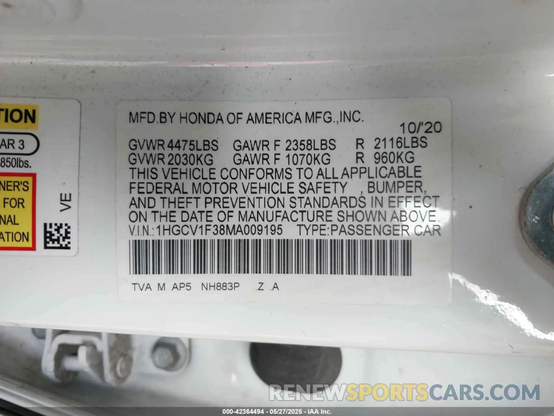 9 Photograph of a damaged car 1HGCV1F38MA009195 HONDA ACCORD 2021