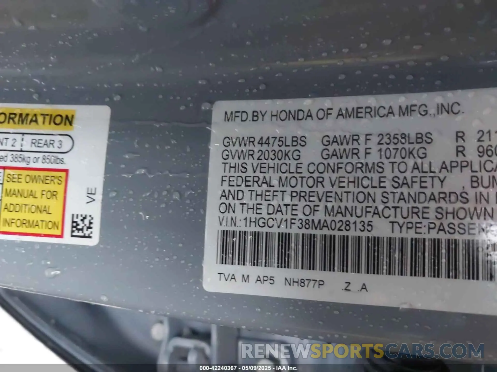9 Photograph of a damaged car 1HGCV1F38MA028135 HONDA ACCORD 2021