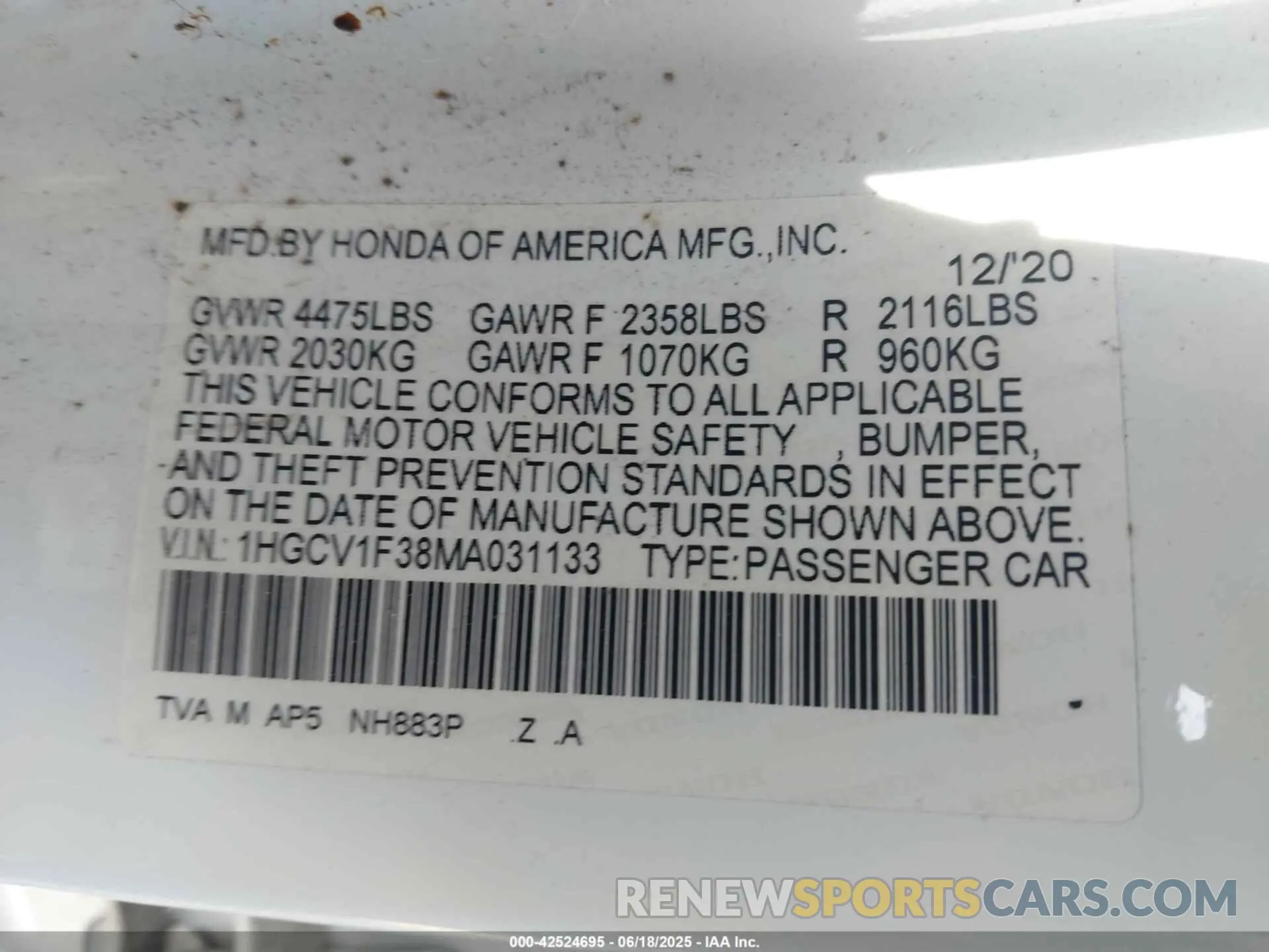 9 Photograph of a damaged car 1HGCV1F38MA031133 HONDA ACCORD 2021