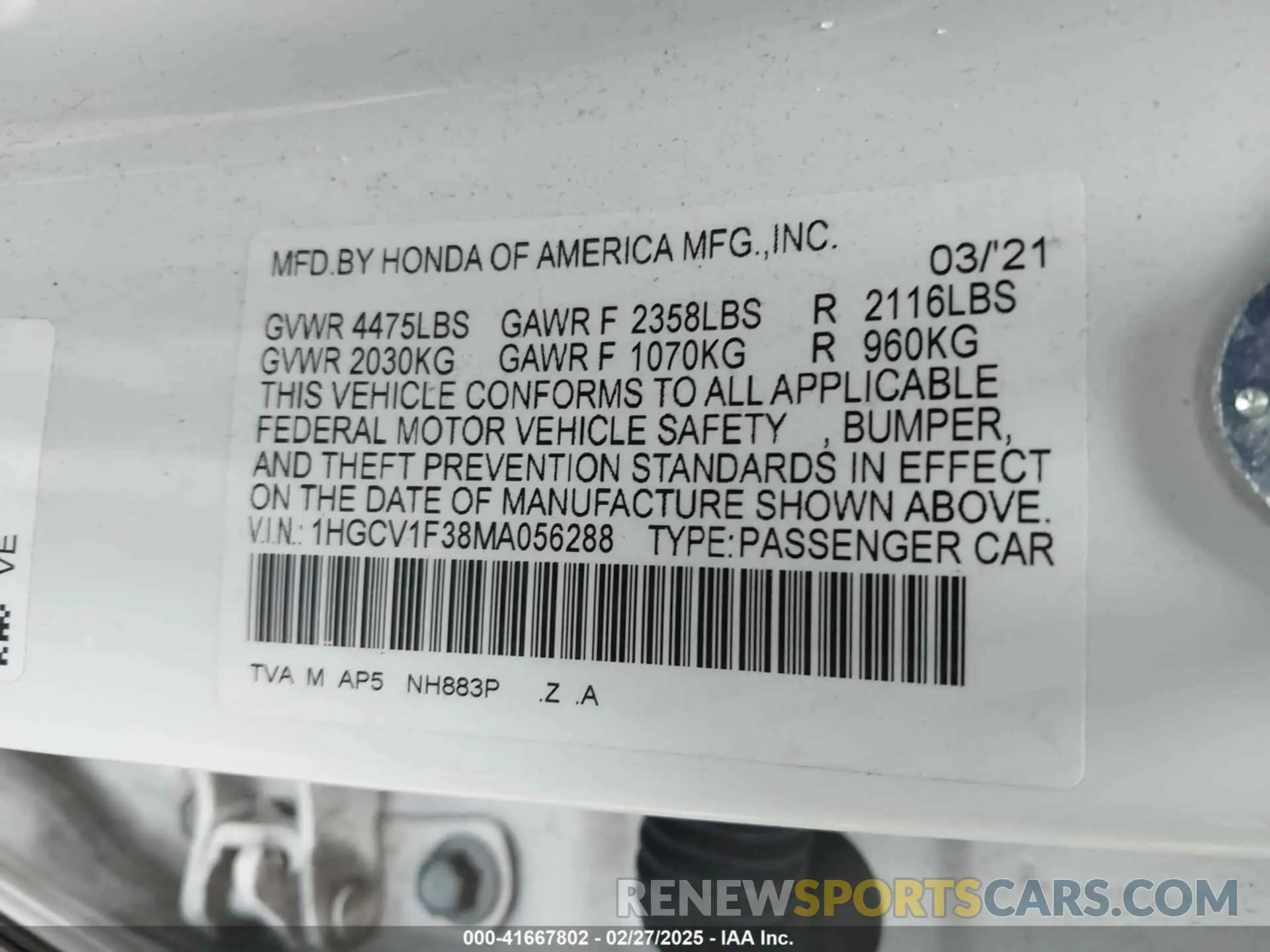 9 Photograph of a damaged car 1HGCV1F38MA056288 HONDA ACCORD 2021