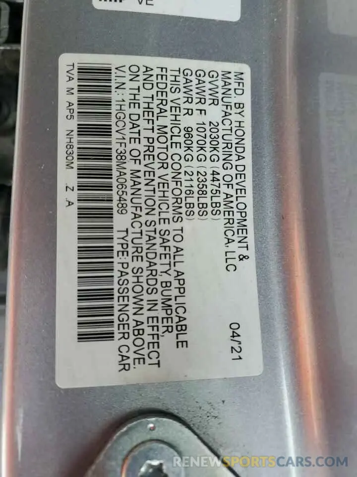12 Photograph of a damaged car 1HGCV1F38MA065489 HONDA ACCORD 2021