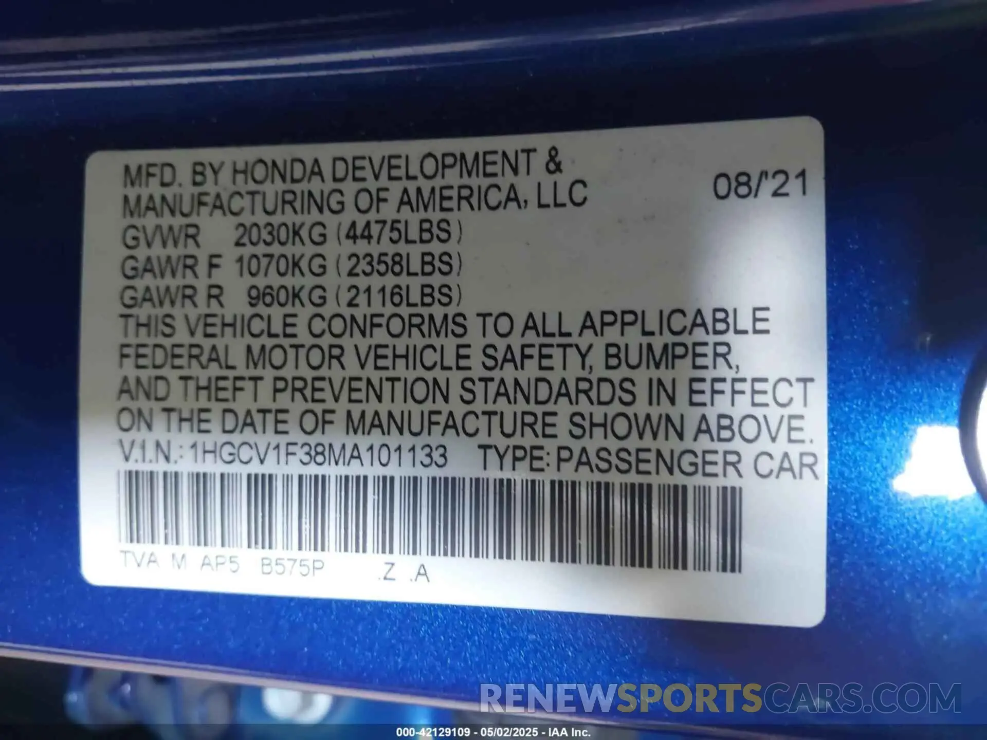 9 Photograph of a damaged car 1HGCV1F38MA101133 HONDA ACCORD 2021