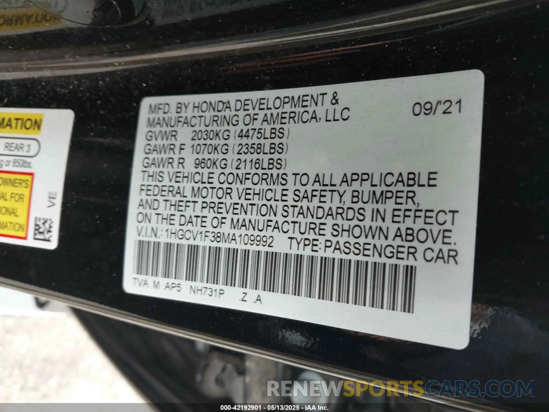 9 Photograph of a damaged car 1HGCV1F38MA109992 HONDA ACCORD 2021