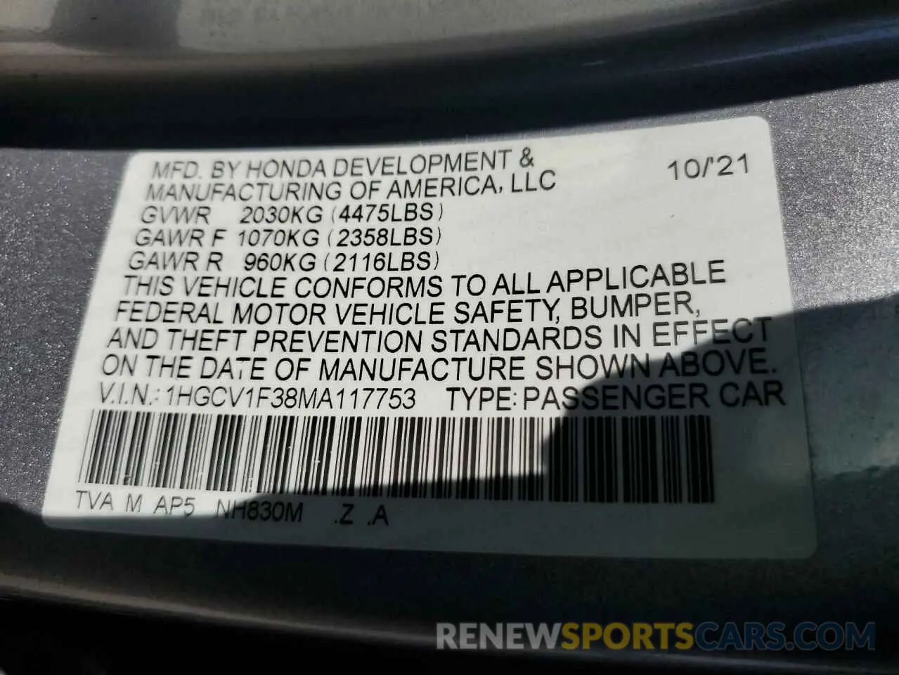12 Photograph of a damaged car 1HGCV1F38MA117753 HONDA ACCORD 2021