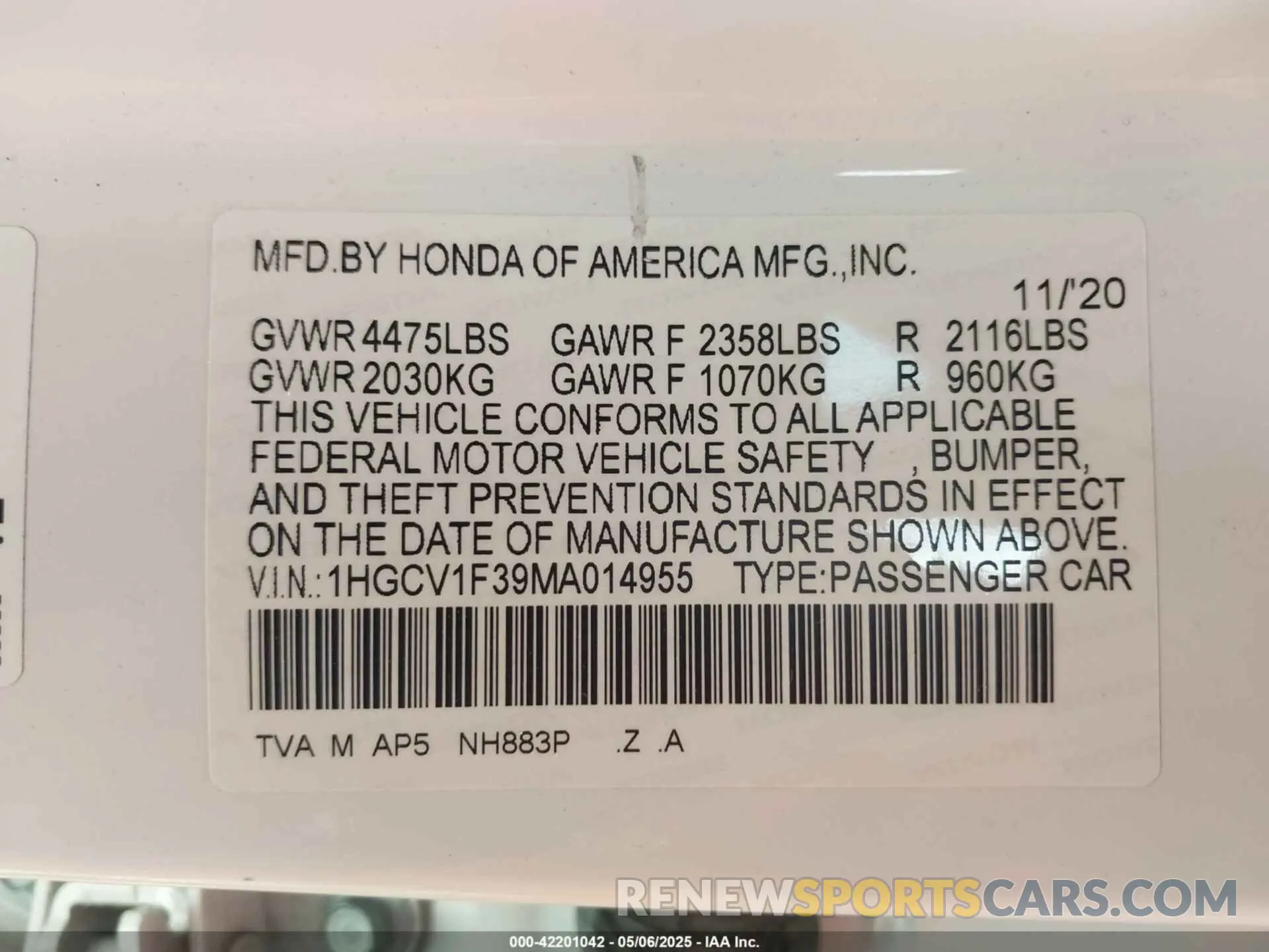 9 Photograph of a damaged car 1HGCV1F39MA014955 HONDA ACCORD 2021