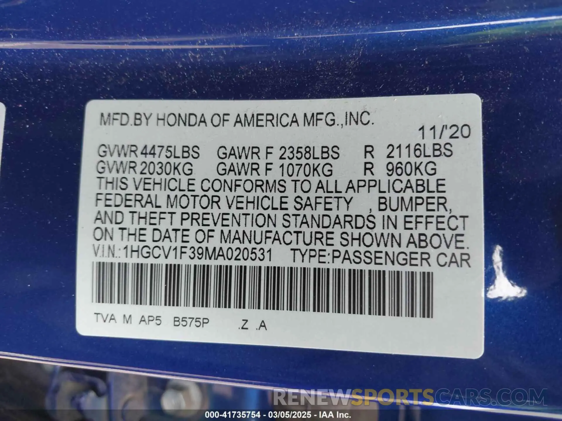 9 Photograph of a damaged car 1HGCV1F39MA020531 HONDA ACCORD 2021