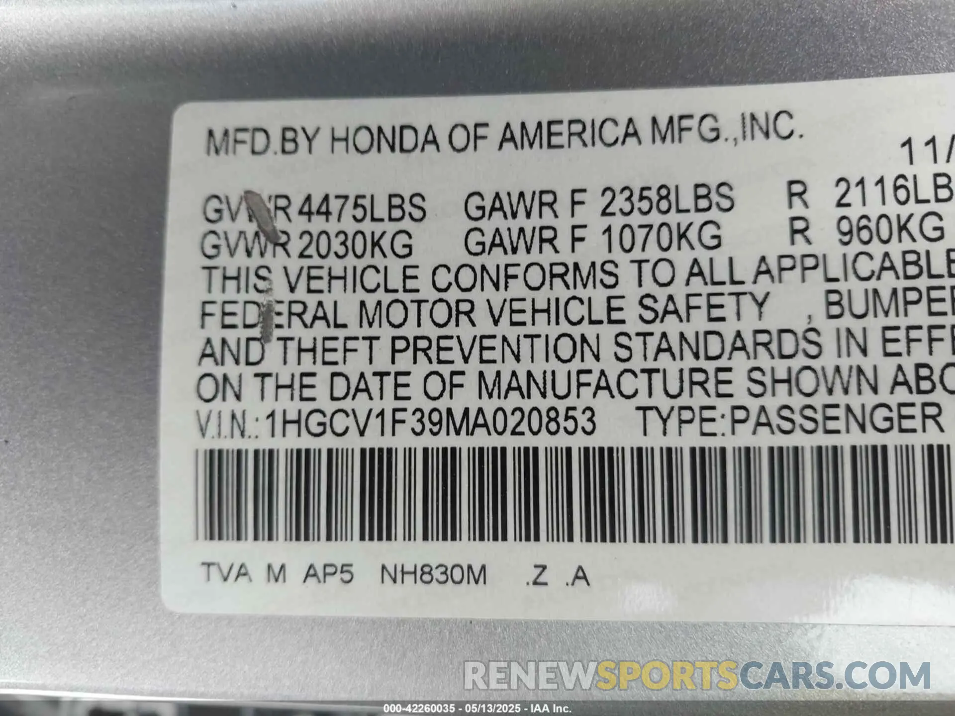 9 Photograph of a damaged car 1HGCV1F39MA020853 HONDA ACCORD 2021