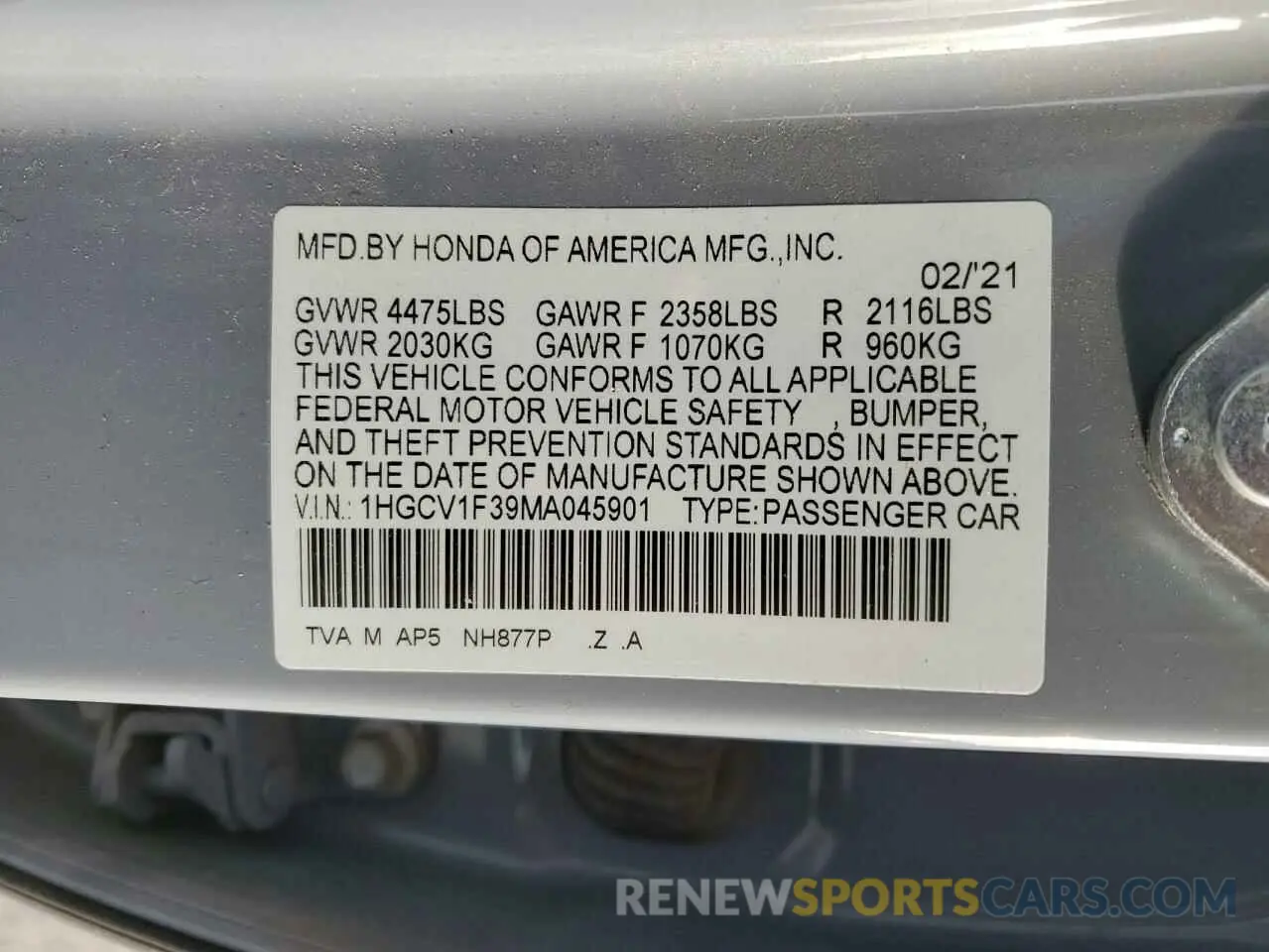 13 Photograph of a damaged car 1HGCV1F39MA045901 HONDA ACCORD 2021