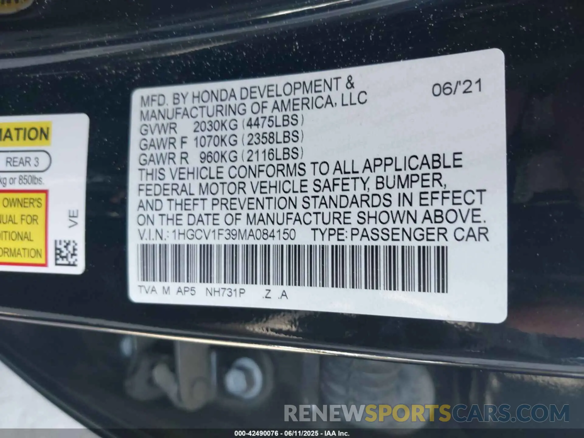 9 Photograph of a damaged car 1HGCV1F39MA084150 HONDA ACCORD 2021