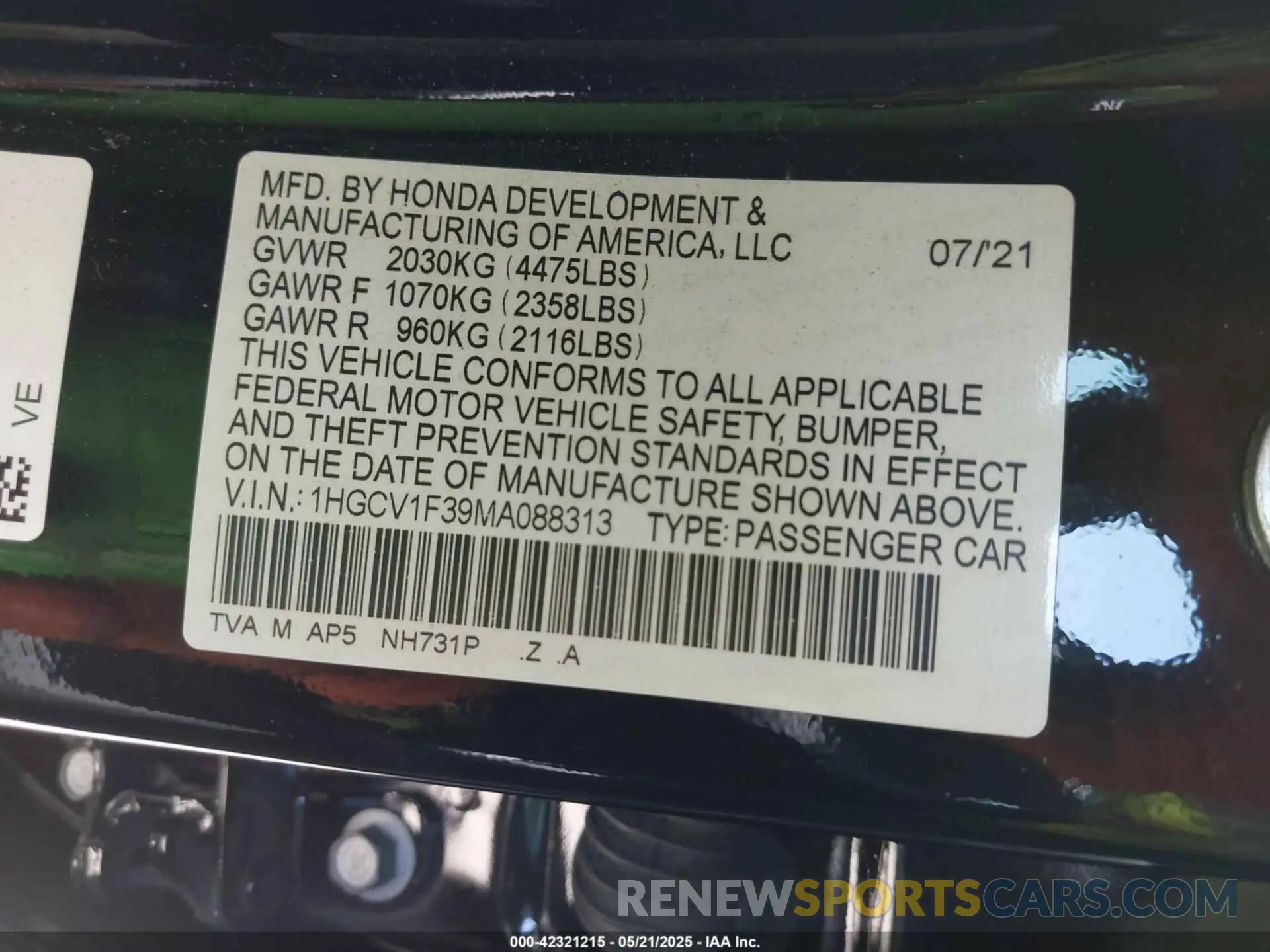 9 Photograph of a damaged car 1HGCV1F39MA088313 HONDA ACCORD 2021