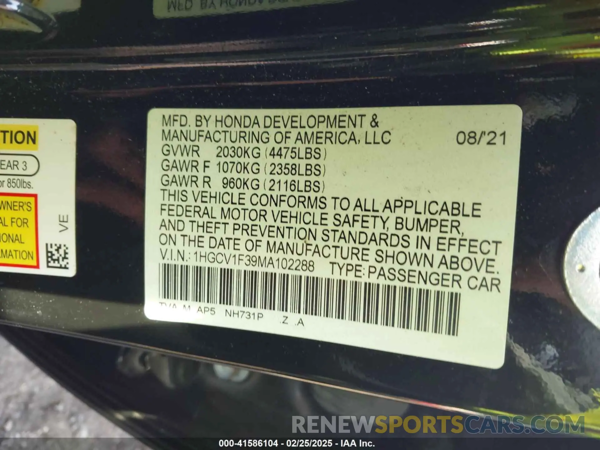 9 Photograph of a damaged car 1HGCV1F39MA102288 HONDA ACCORD 2021