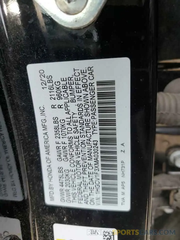 12 Photograph of a damaged car 1HGCV1F3XMA030243 HONDA ACCORD 2021