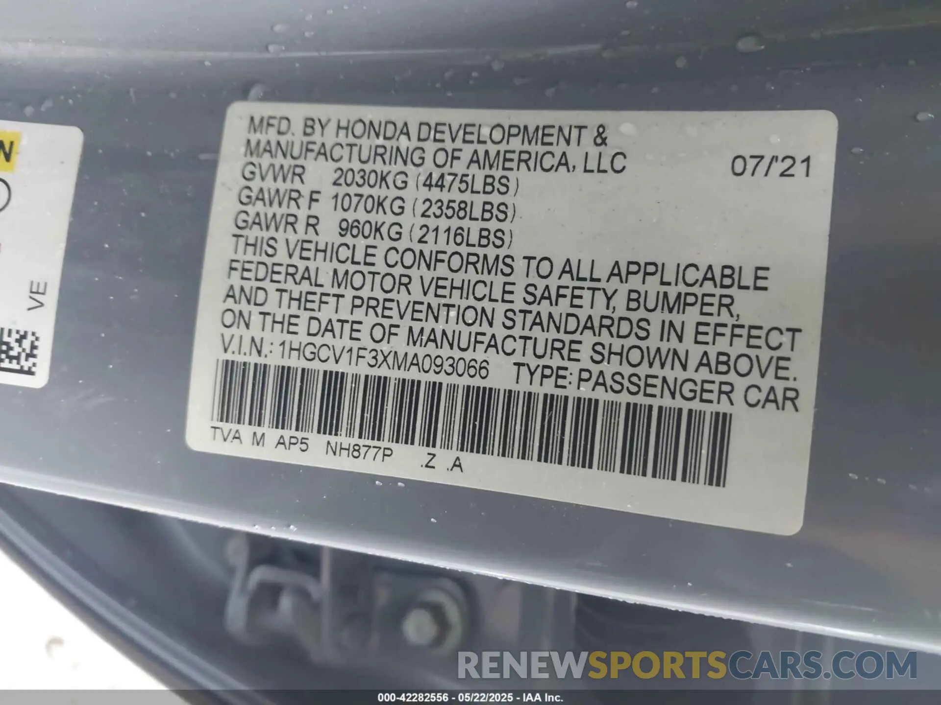 9 Photograph of a damaged car 1HGCV1F3XMA093066 HONDA ACCORD 2021