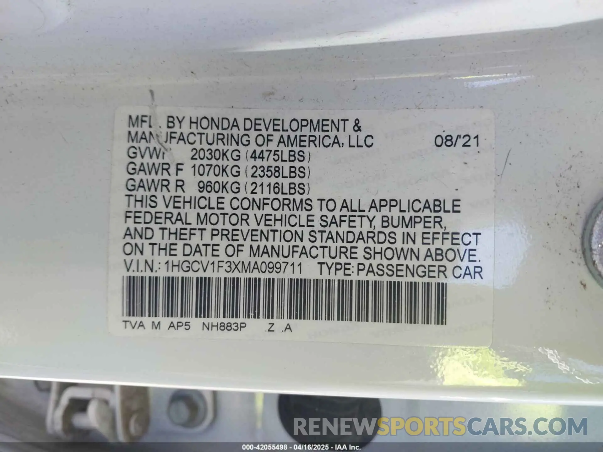 9 Photograph of a damaged car 1HGCV1F3XMA099711 HONDA ACCORD 2021