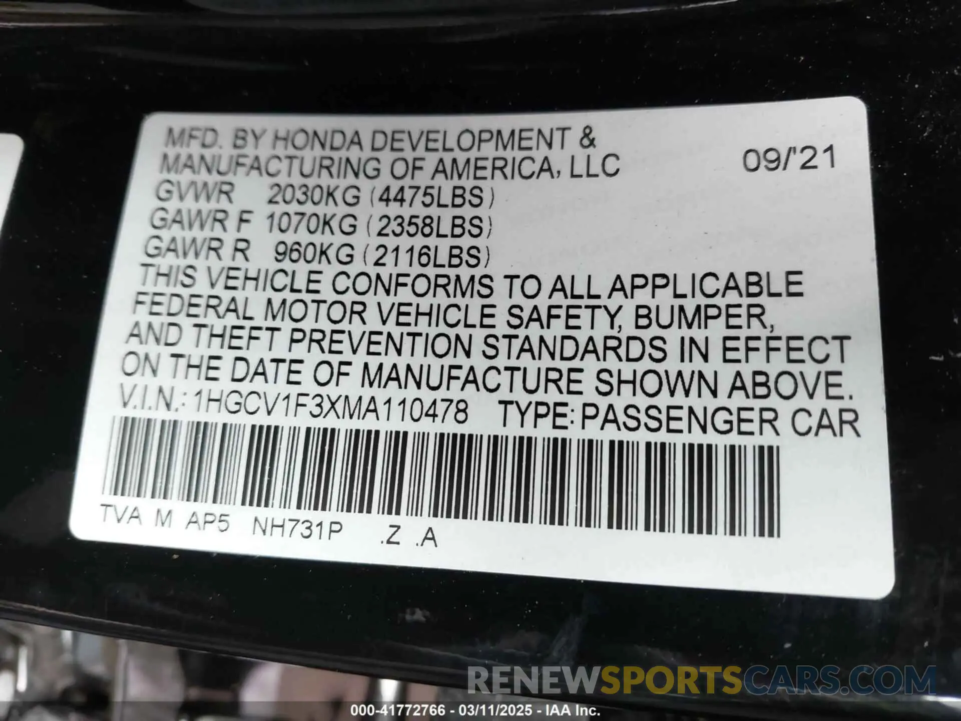 9 Photograph of a damaged car 1HGCV1F3XMA110478 HONDA ACCORD 2021