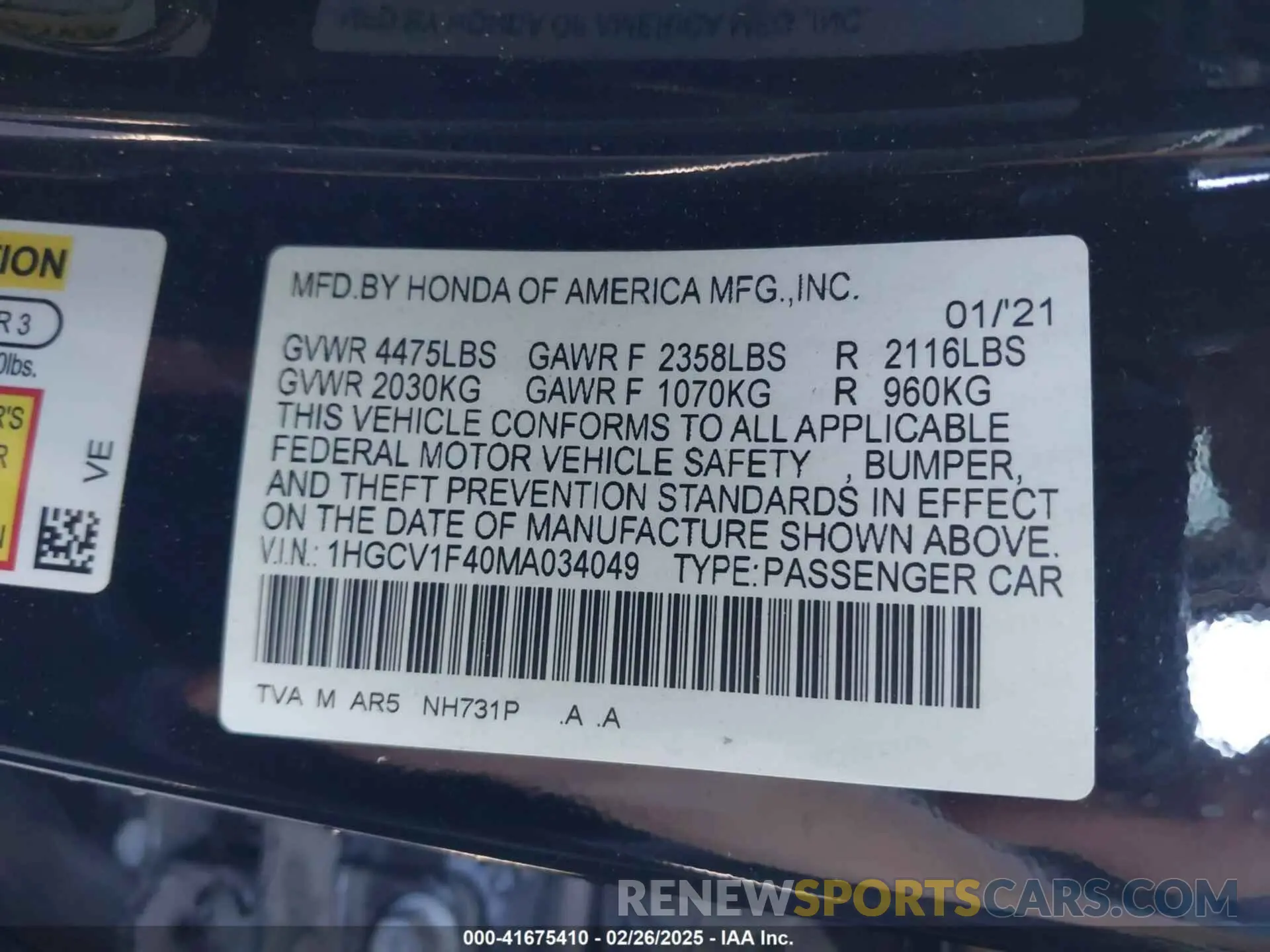 9 Photograph of a damaged car 1HGCV1F40MA034049 HONDA ACCORD 2021