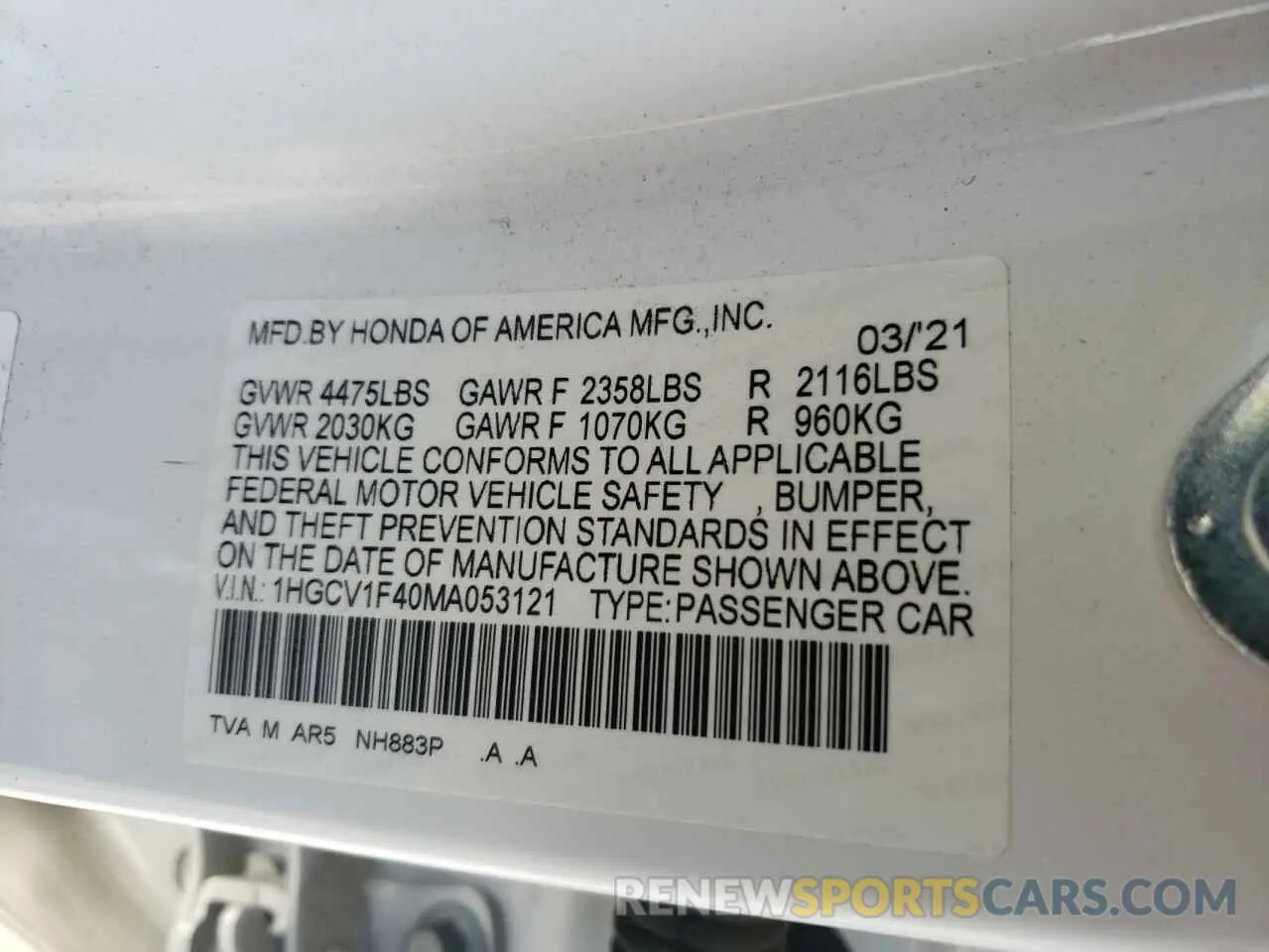 12 Photograph of a damaged car 1HGCV1F40MA053121 HONDA ACCORD 2021