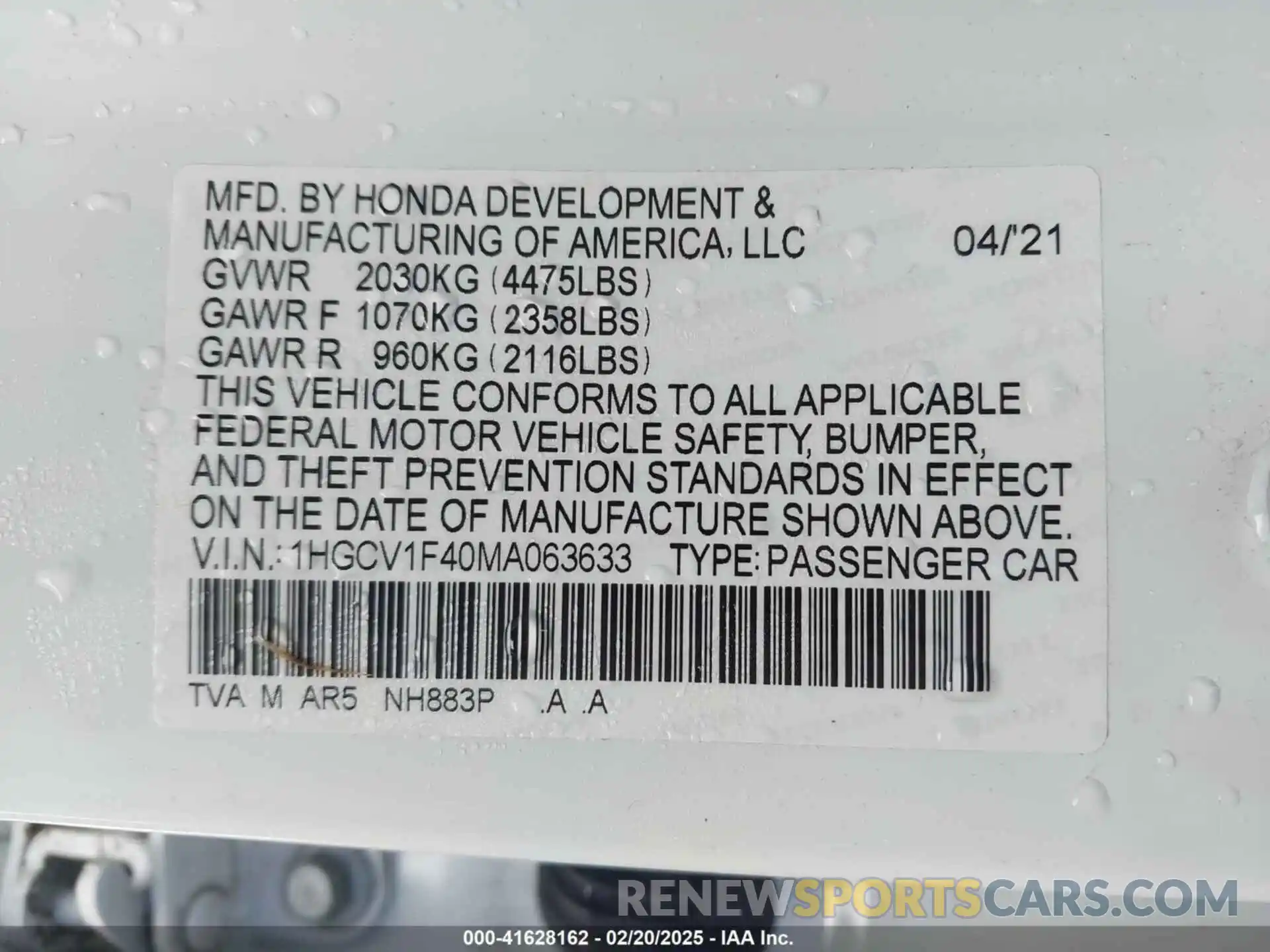 9 Photograph of a damaged car 1HGCV1F40MA063633 HONDA ACCORD 2021