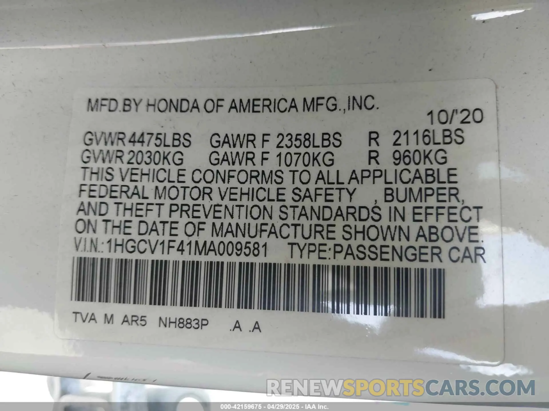 9 Photograph of a damaged car 1HGCV1F41MA009581 HONDA ACCORD 2021