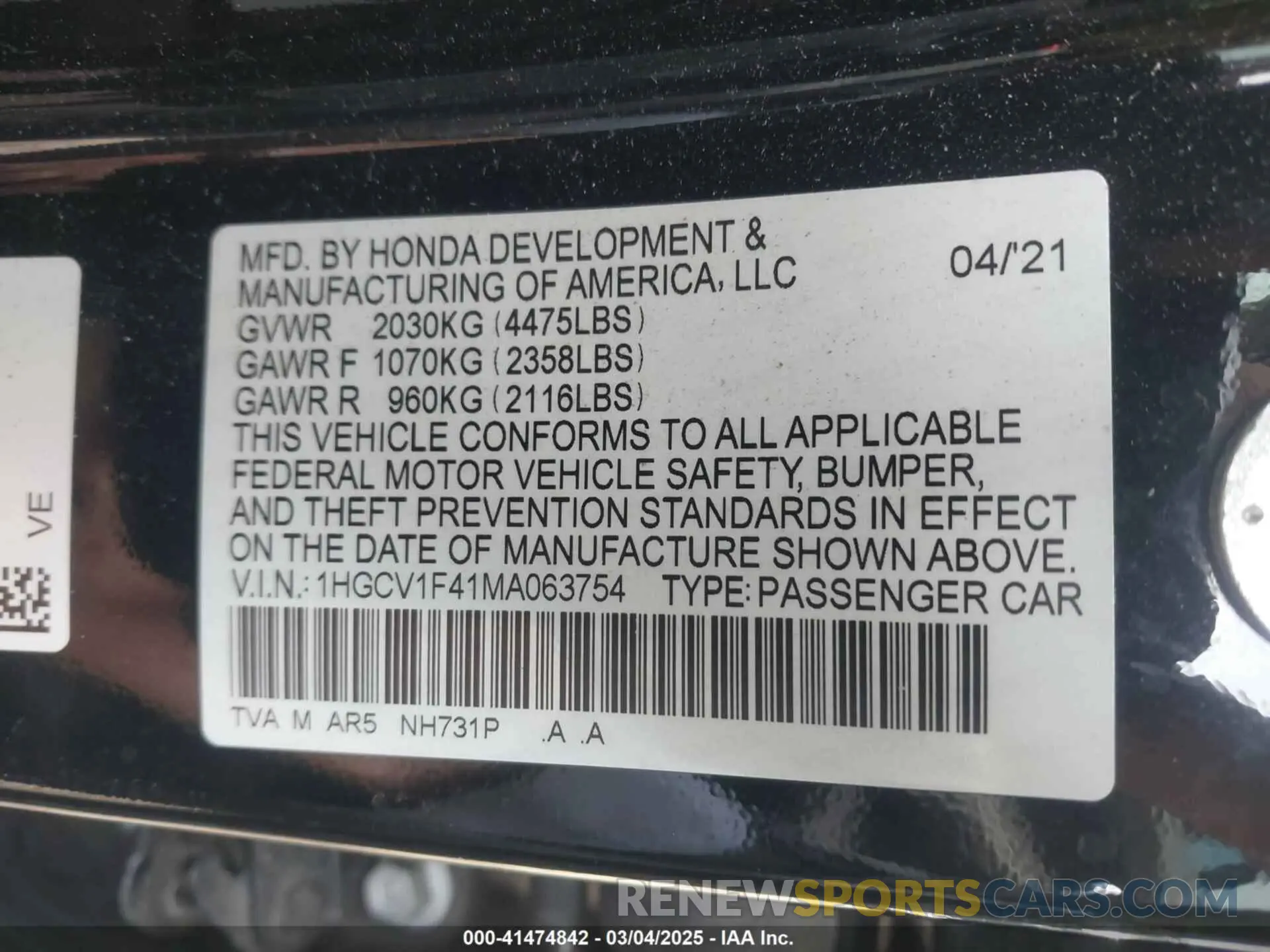 9 Photograph of a damaged car 1HGCV1F41MA063754 HONDA ACCORD 2021
