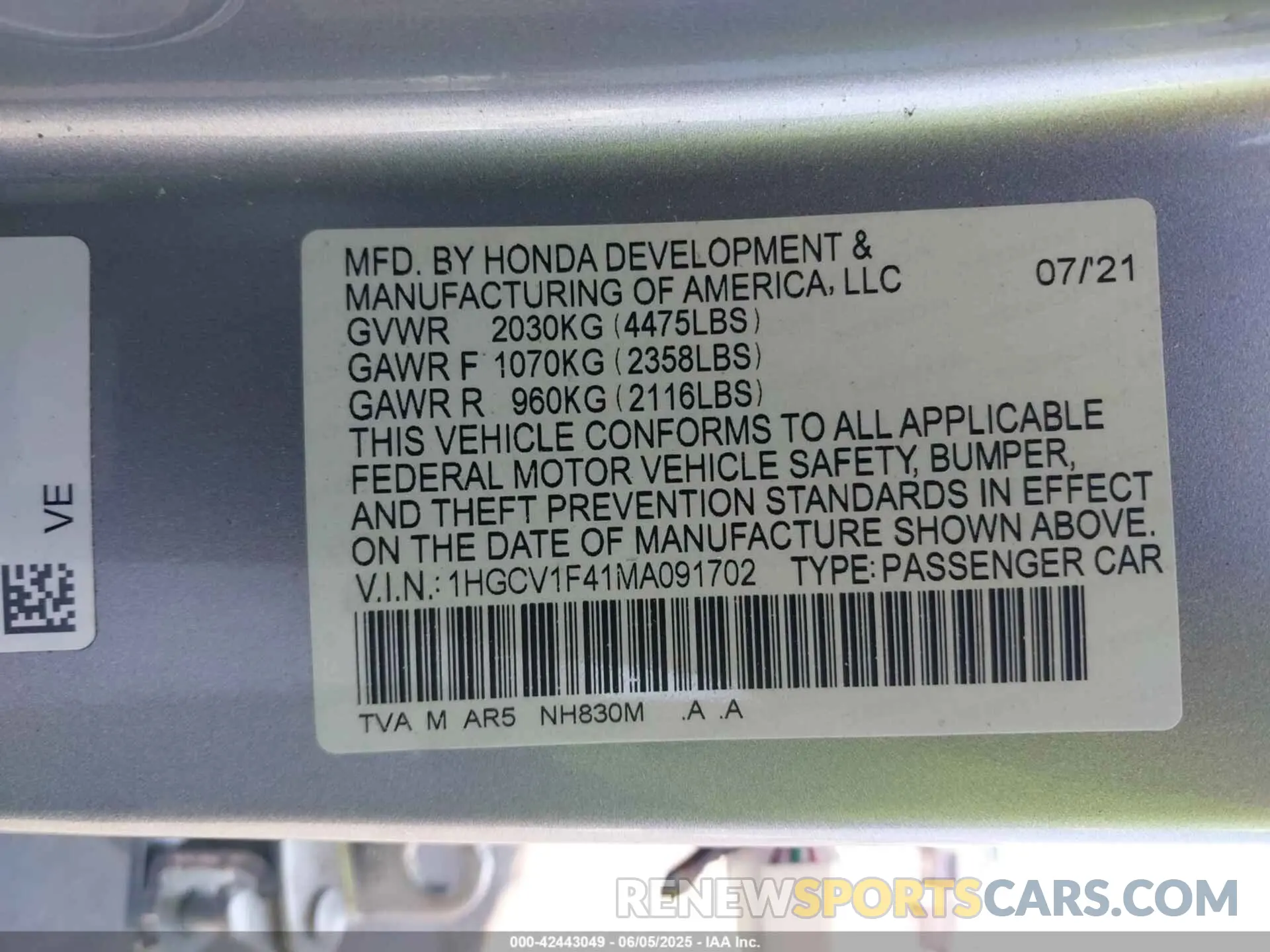 9 Photograph of a damaged car 1HGCV1F41MA091702 HONDA ACCORD 2021