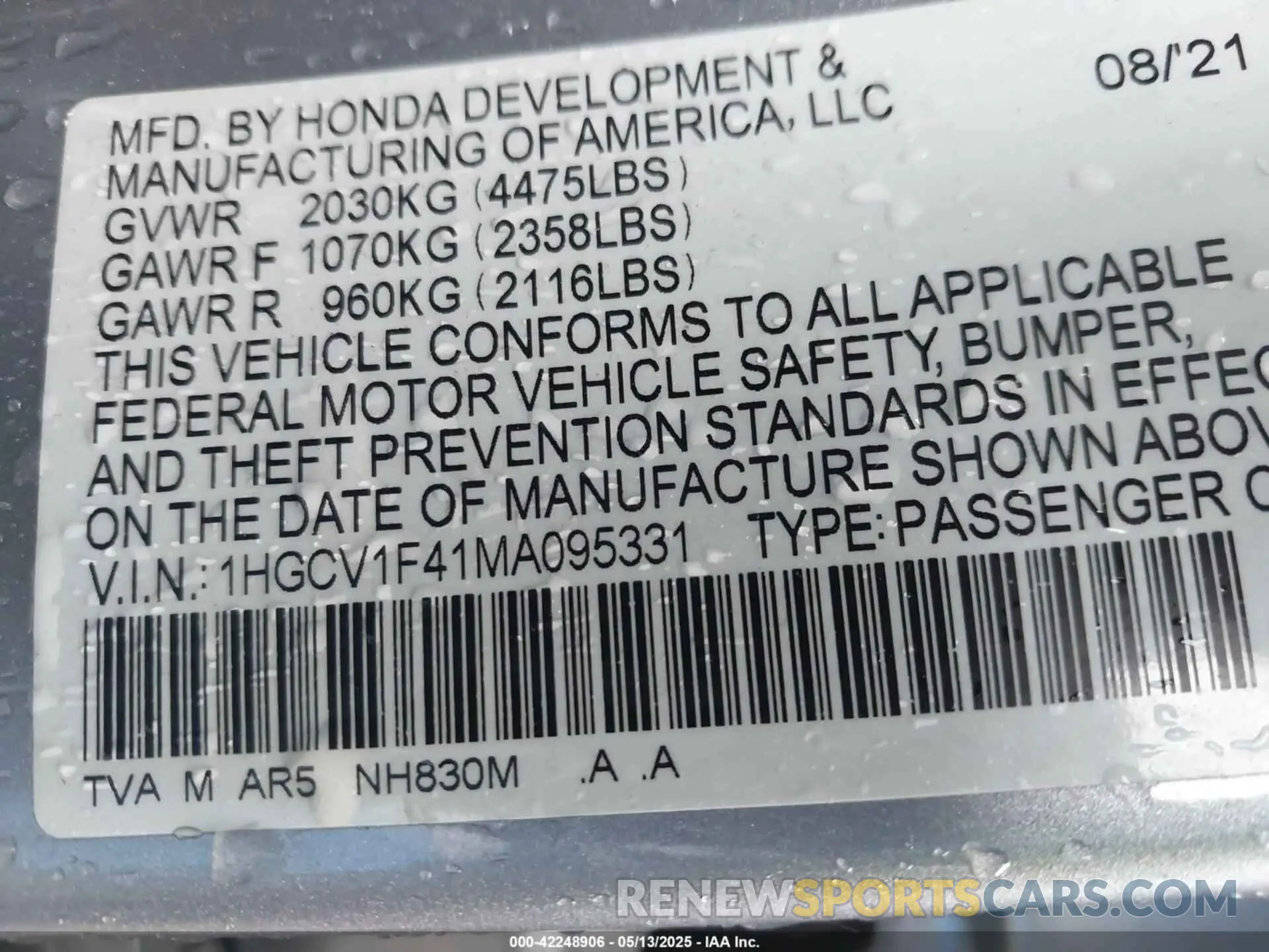9 Photograph of a damaged car 1HGCV1F41MA095331 HONDA ACCORD 2021