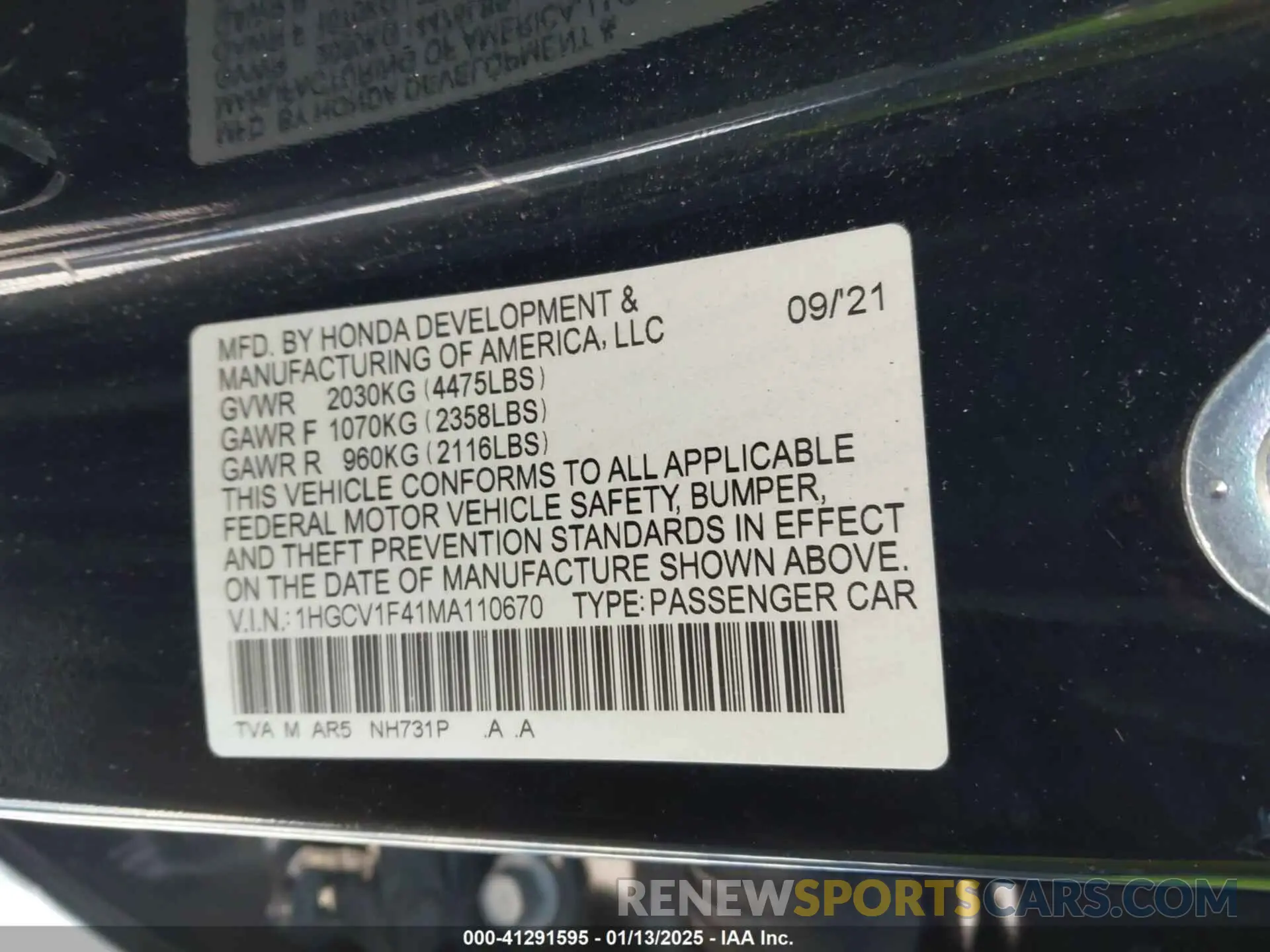 9 Photograph of a damaged car 1HGCV1F41MA110670 HONDA ACCORD 2021
