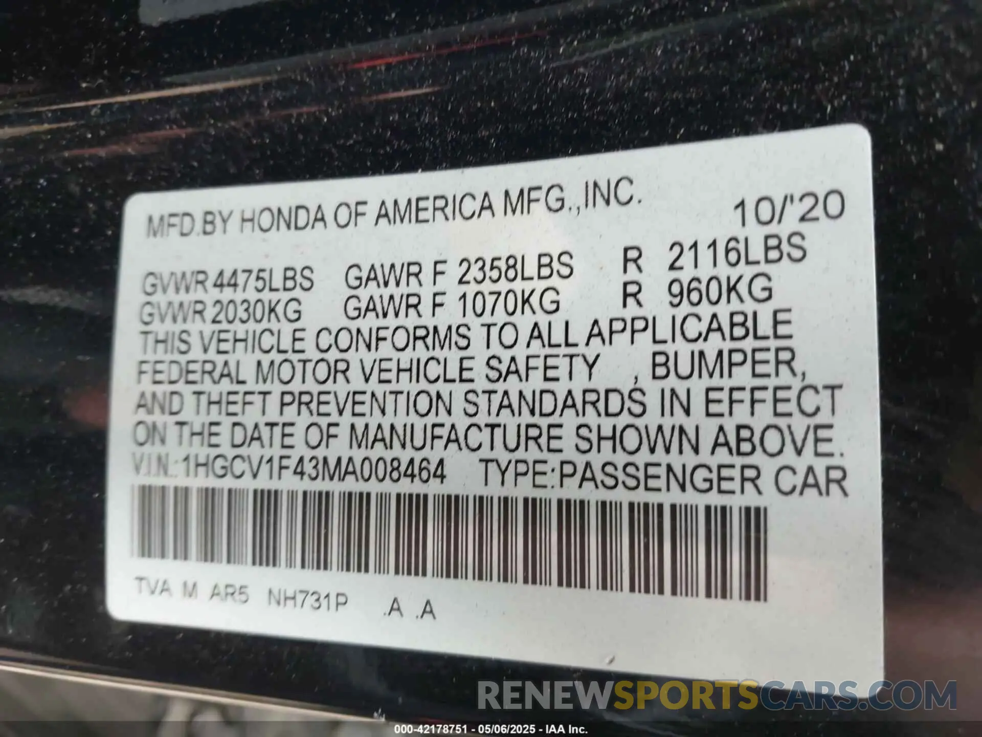 9 Photograph of a damaged car 1HGCV1F43MA008464 HONDA ACCORD 2021