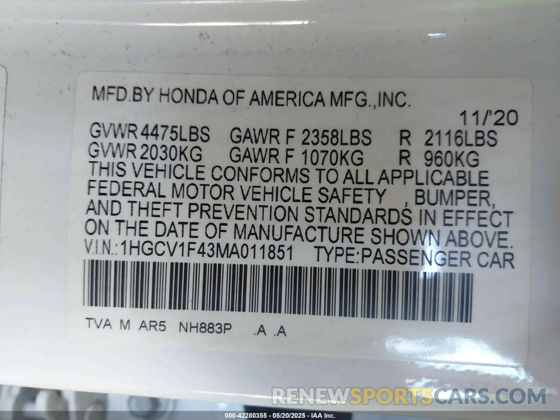 9 Photograph of a damaged car 1HGCV1F43MA011851 HONDA ACCORD 2021