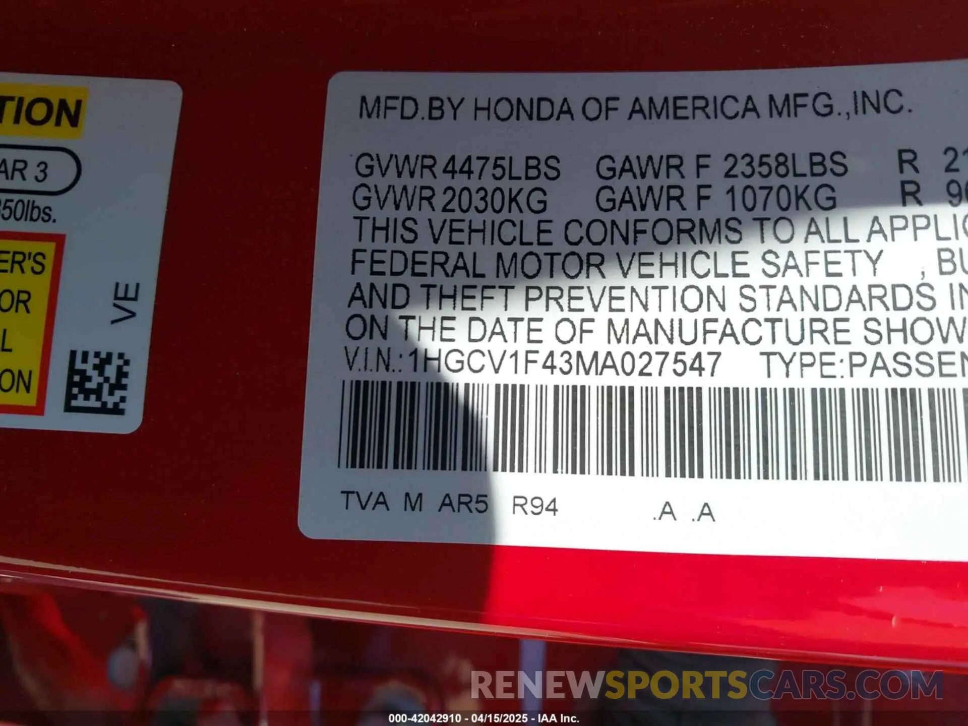 9 Photograph of a damaged car 1HGCV1F43MA027547 HONDA ACCORD 2021