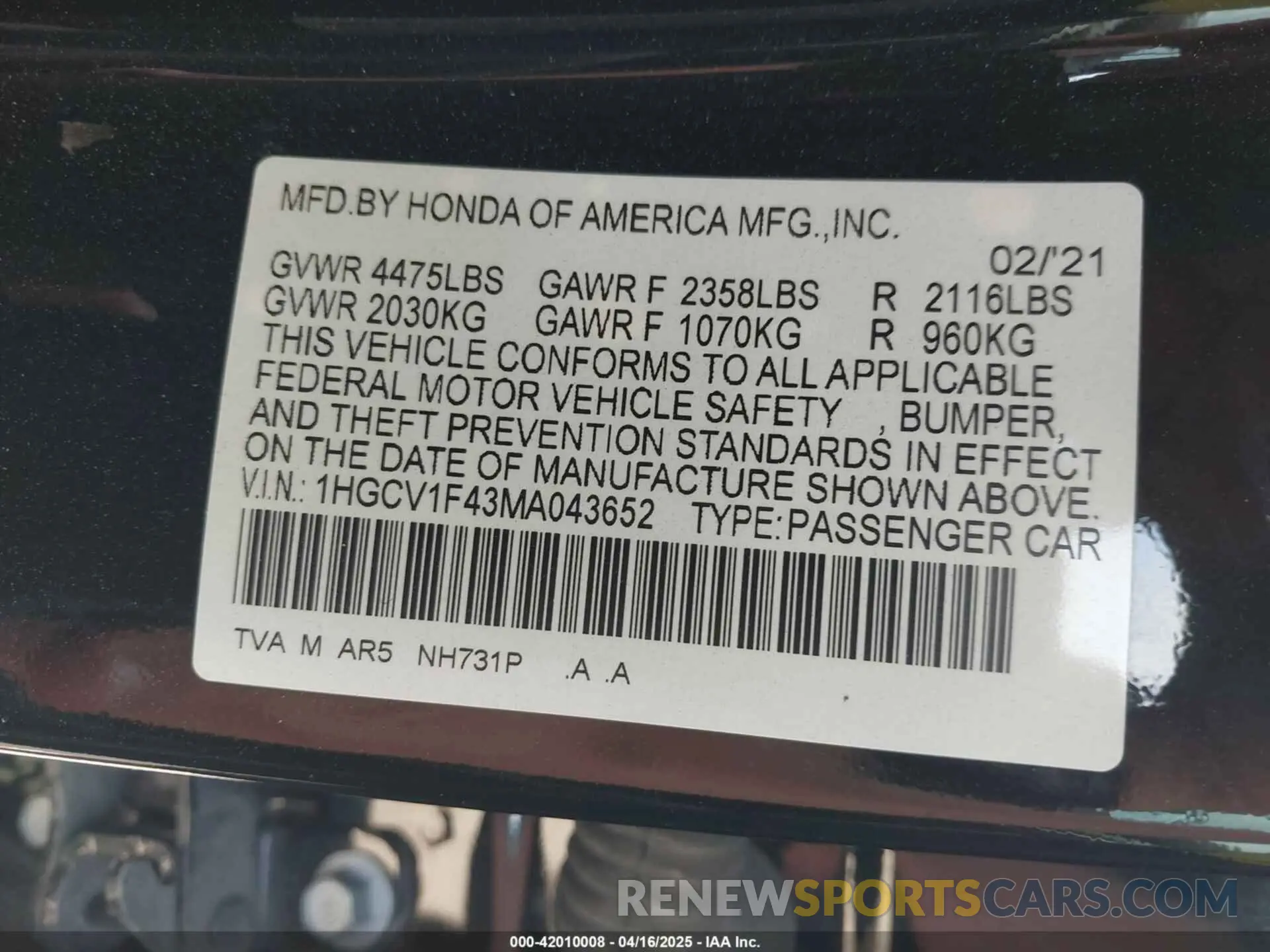 9 Photograph of a damaged car 1HGCV1F43MA043652 HONDA ACCORD 2021