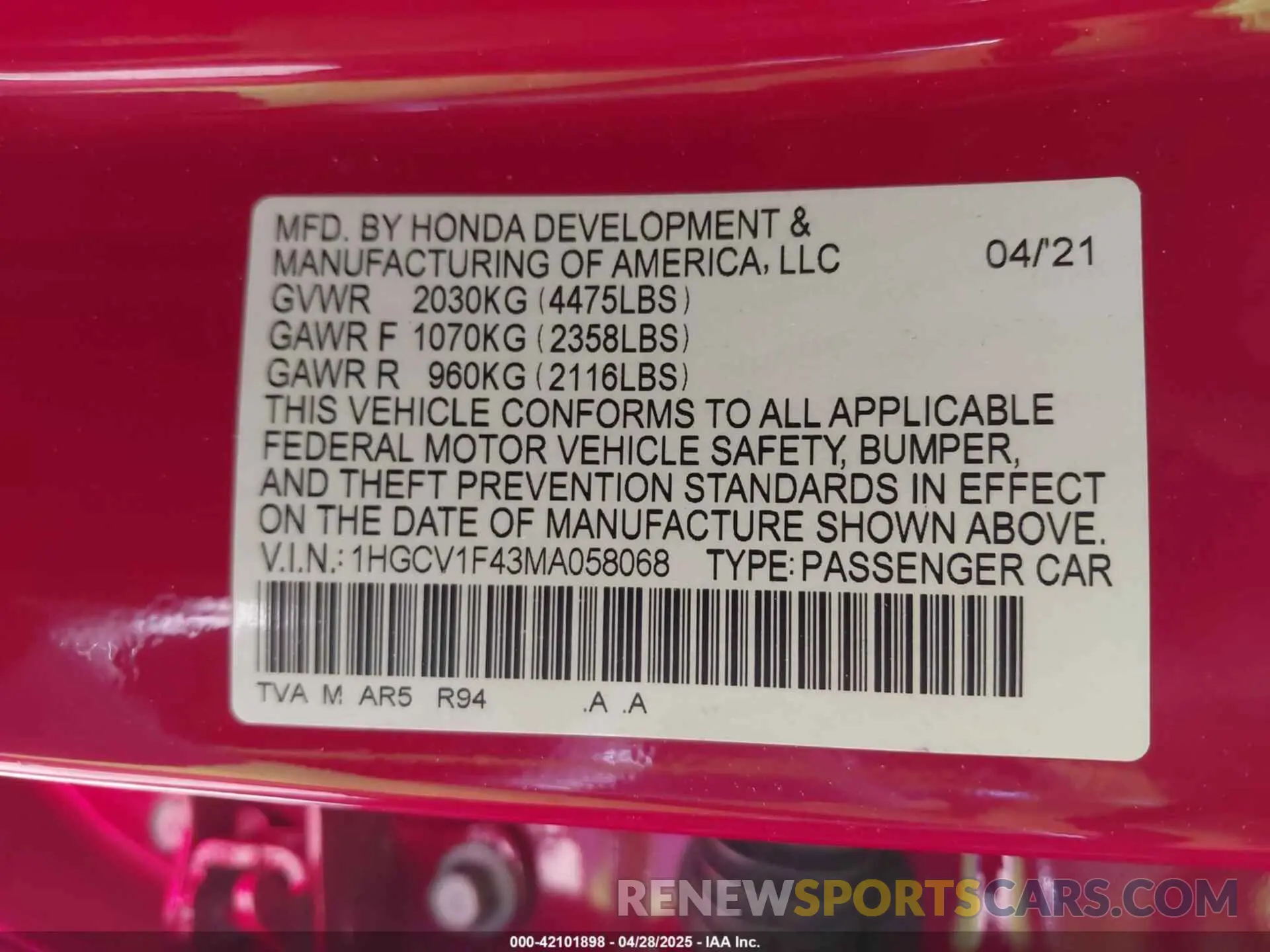 9 Photograph of a damaged car 1HGCV1F43MA058068 HONDA ACCORD 2021