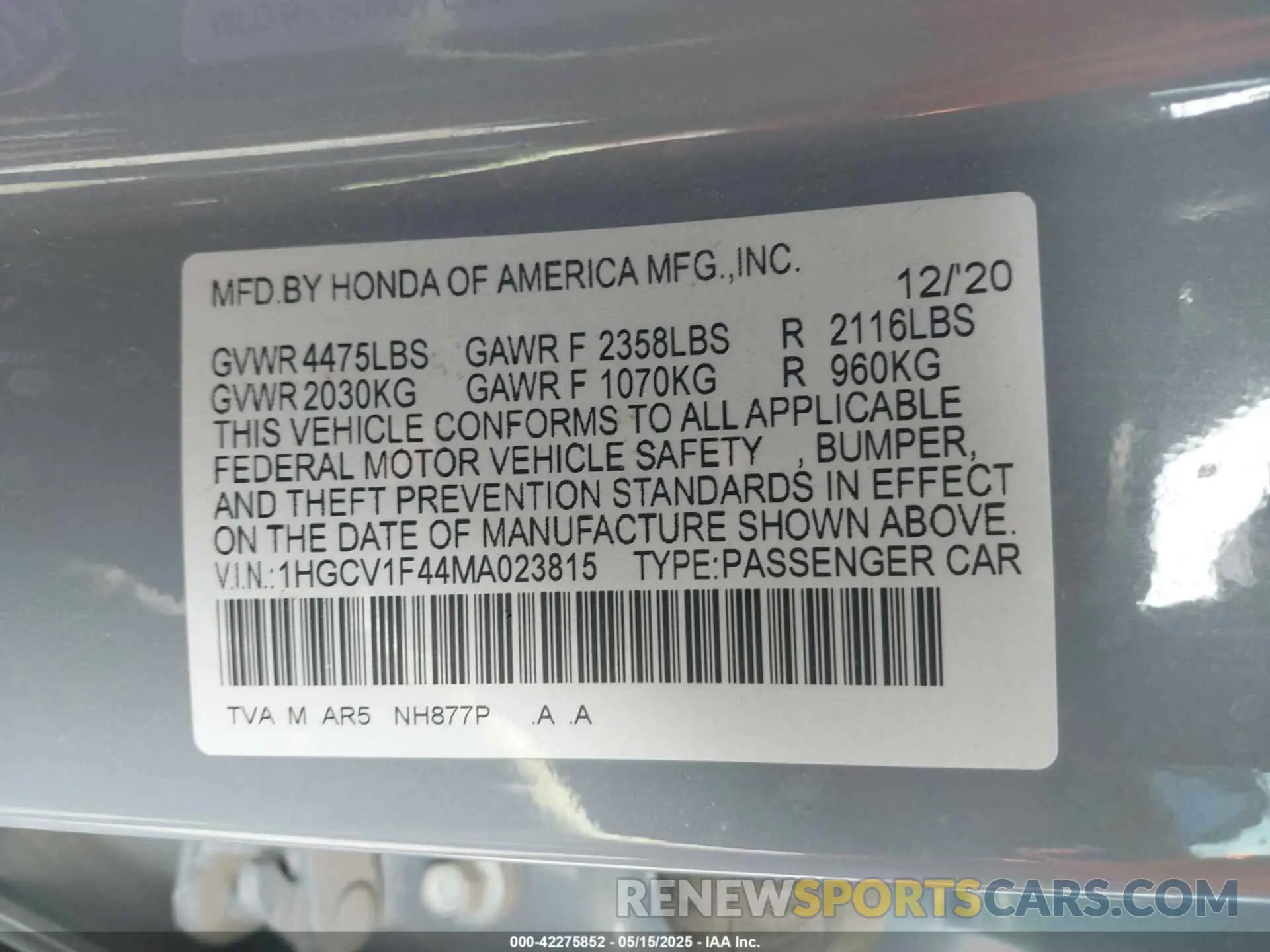 9 Photograph of a damaged car 1HGCV1F44MA023815 HONDA ACCORD 2021