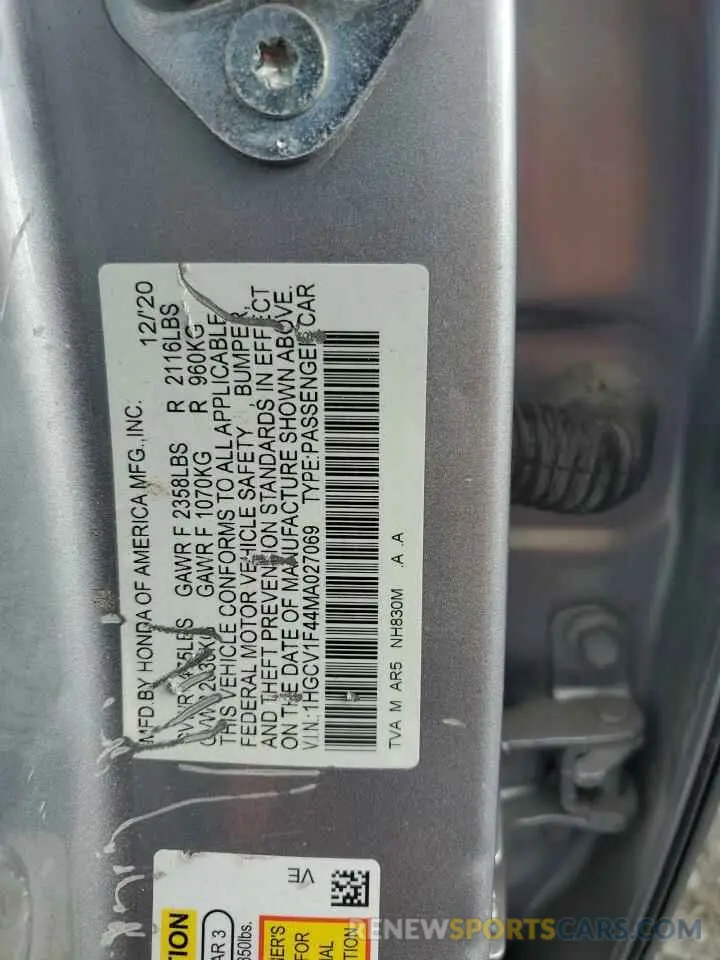12 Photograph of a damaged car 1HGCV1F44MA027069 HONDA ACCORD 2021