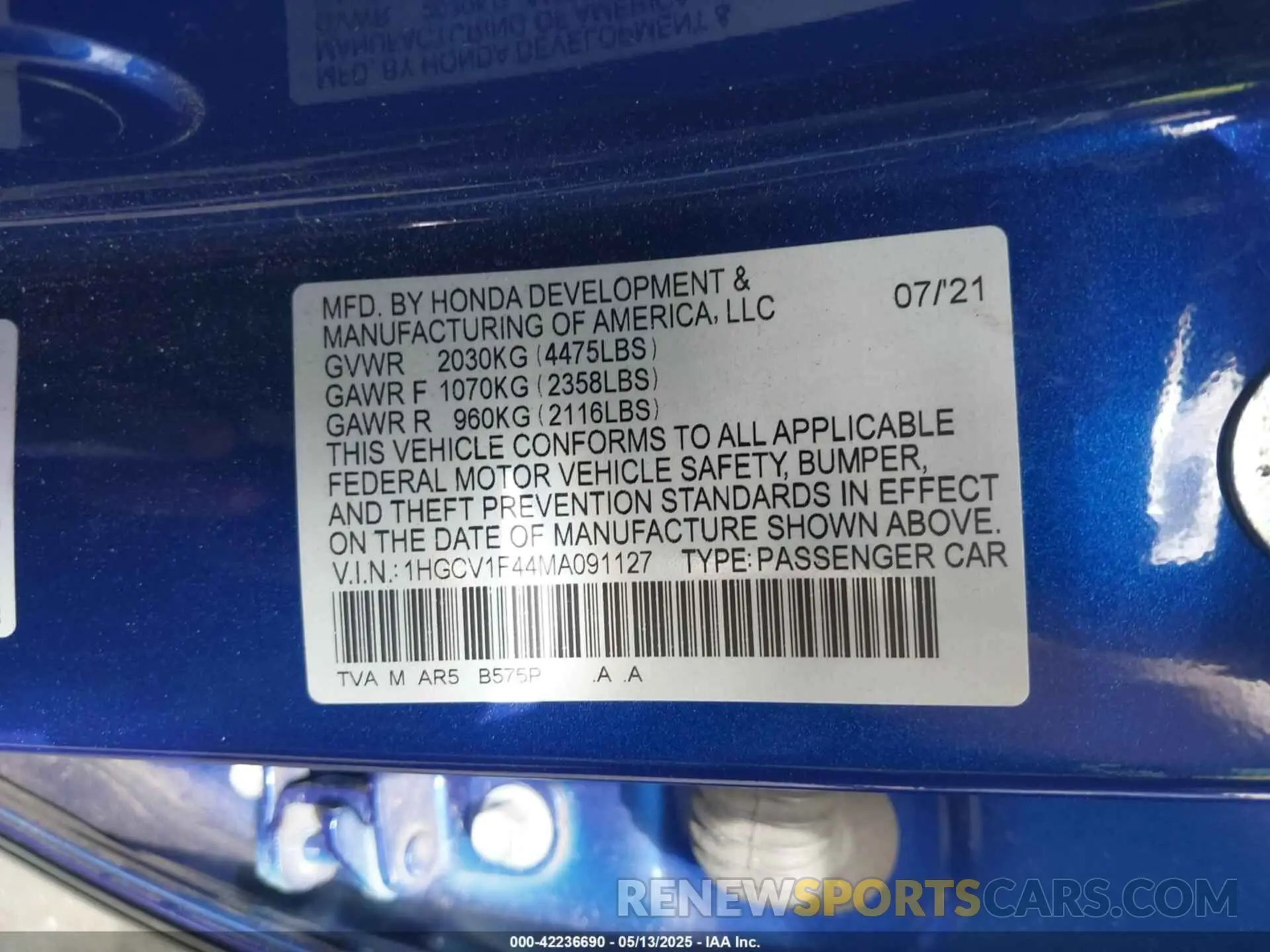 9 Photograph of a damaged car 1HGCV1F44MA091127 HONDA ACCORD 2021